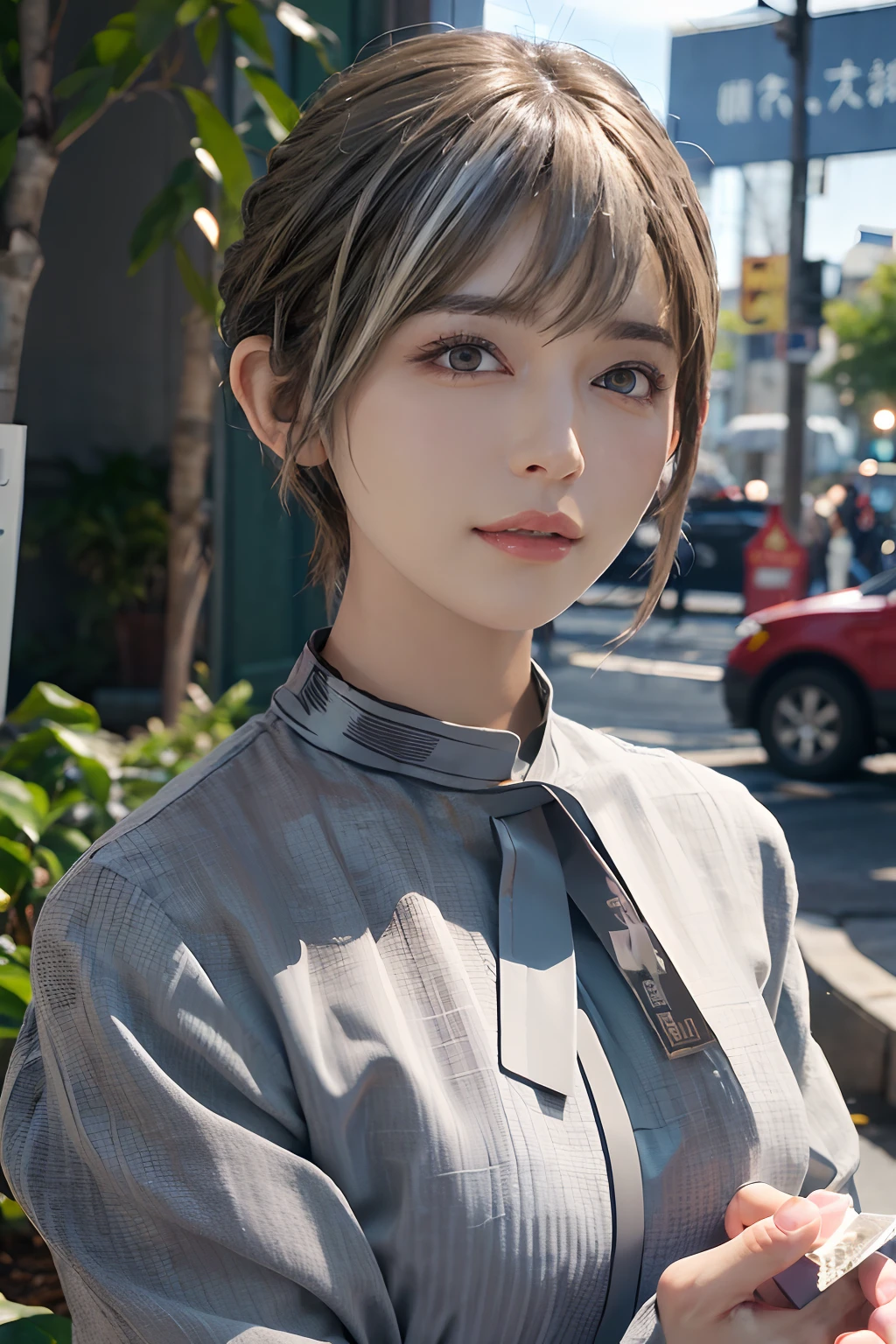 (masuter piece:1.3)、(8K、Photorealsitic、Raw photography、top-quality: 1.4)、(1girl in)、beautiful countenance、(Lifelike face)、(white  hair、a pixie cut:1.3)、Beautiful hairstyle、realisticeyes、Beautiful details、（real looking skin）、Beautiful skins、（Cheongsam）、absurderes、enticing、超A high resolution、A hyper-realistic、high-detail、the golden ratio、Bright sunlight、