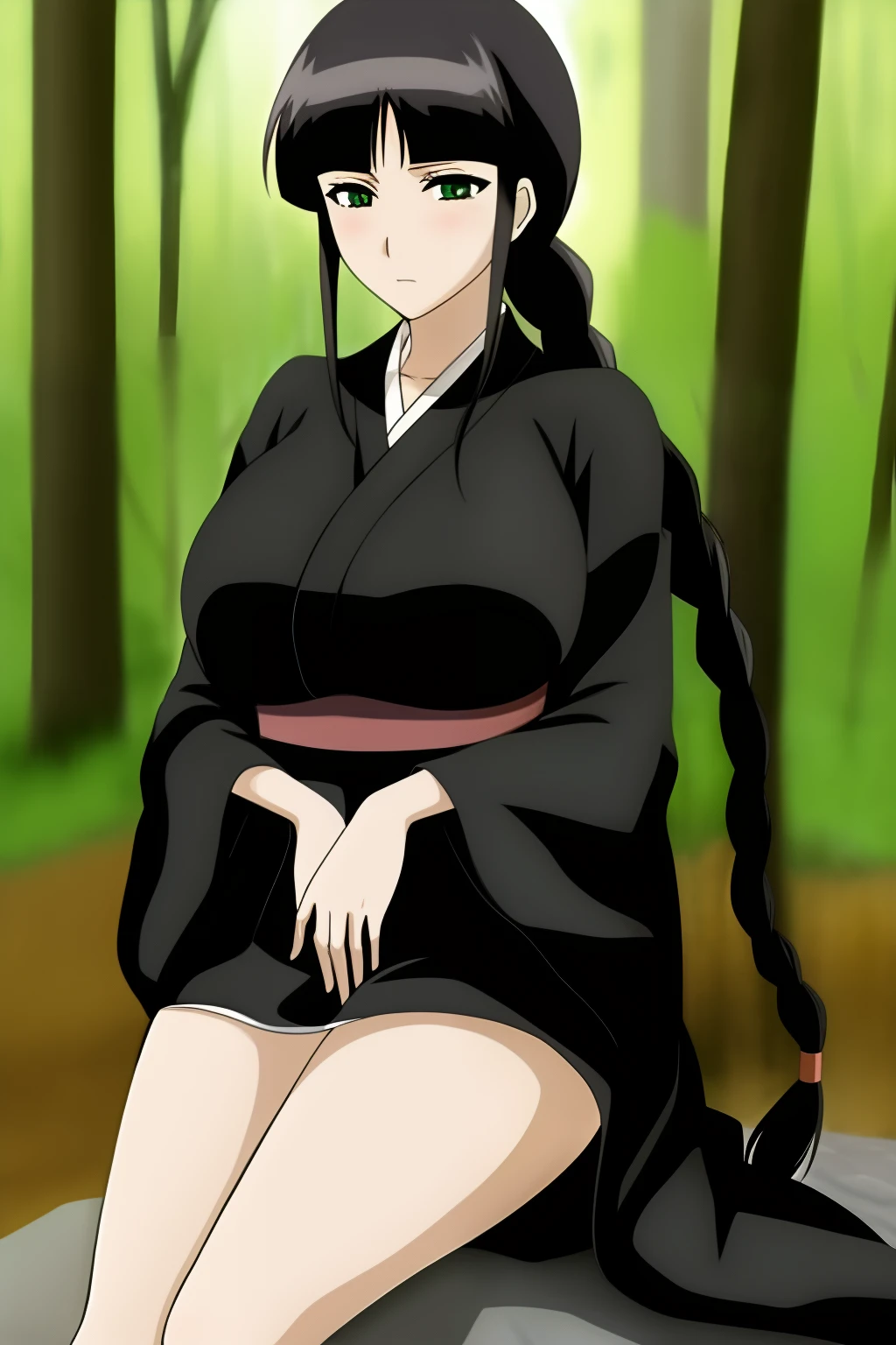 Nemu, closed black japanese clothes, in the forest, green eyes, single braid, medium breasts | big breasts, blush,