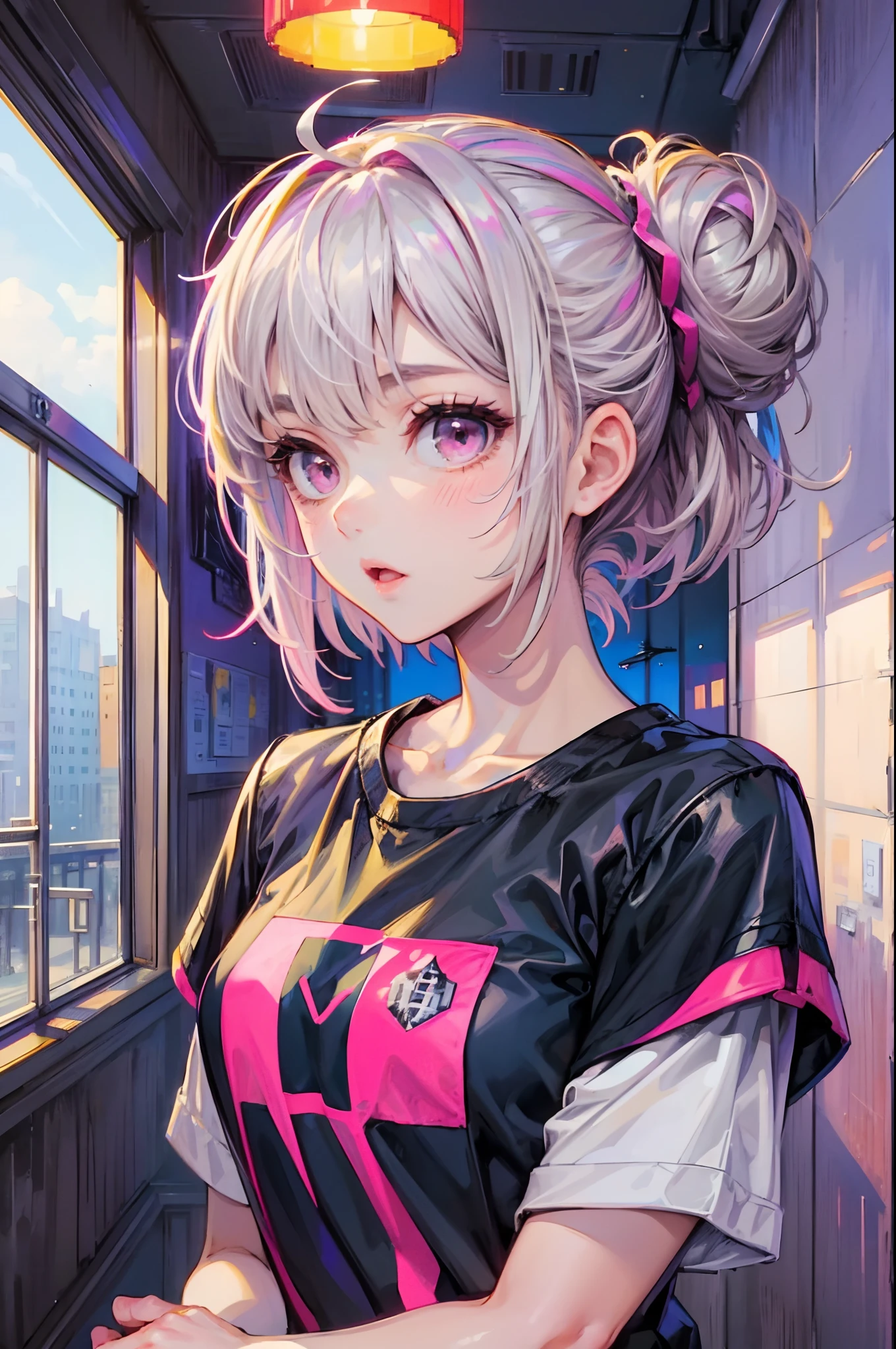 (1 cute girl)、Short hair with silver bob styled in a bun with hair clip, Pink eyes,  de pele branca, Calm down shirt ((Nero)), scenecy ((Purple Room)), tennis (rot), Extreme (blissful), pixel art, pixels