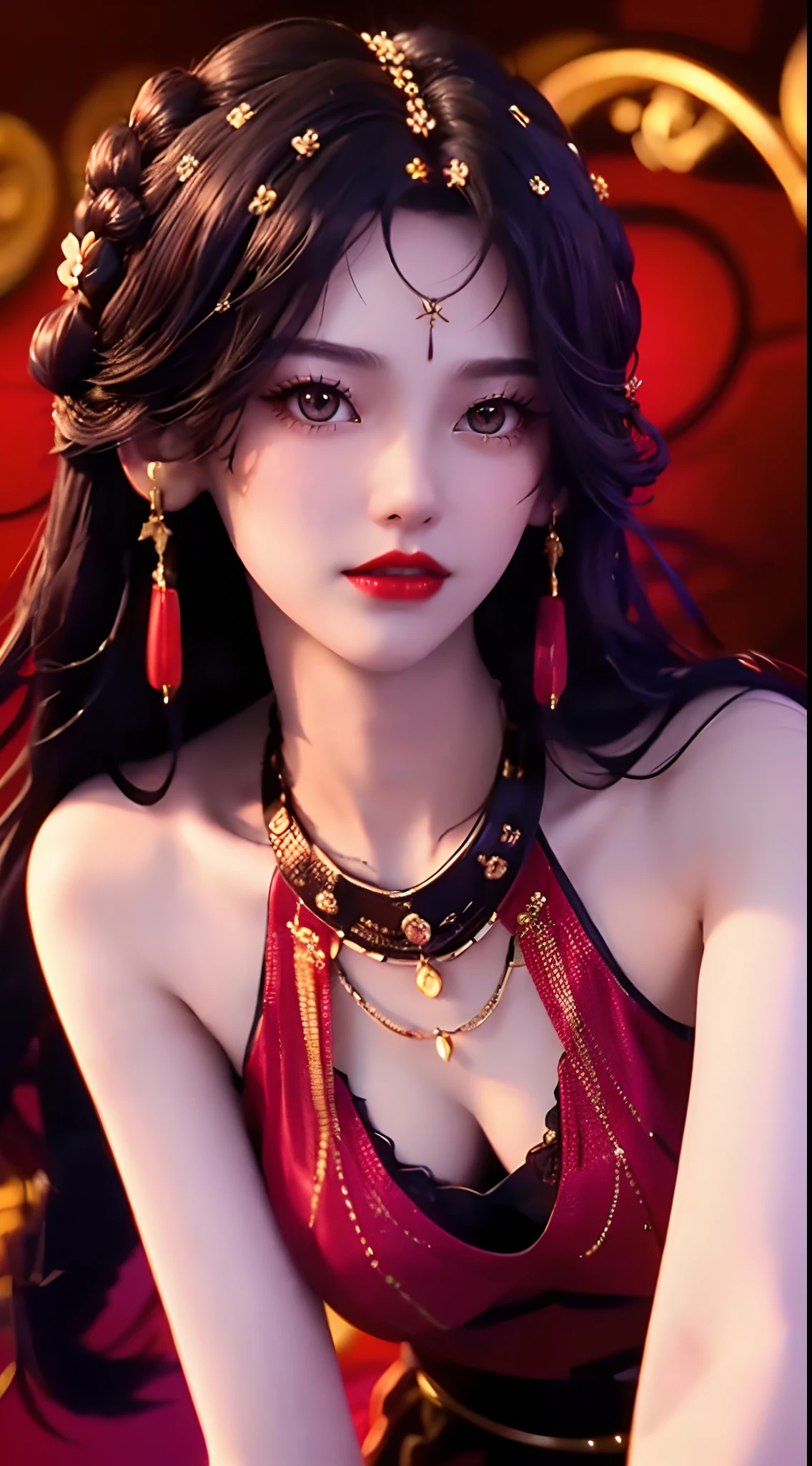 1 beautiful and sexy 20 year old girl, ((wearing a super thin red dress:1.6)), dress with diamonds, ((long purple-black hair:1.6)), bangs, elaborate jewelry made from stones noble and beautiful hair, ((wearing a black lace necklace:1.4))), noble, noble style of an extremely beautiful girl, super cute little face, very pretty face, fur thin eyebrows, flawless beautiful face, ((black eye pupils: 0.8)), very beautiful eyes, ((black eyes: 1.6)), beautiful makeup and detailed hairdo, eyelashes, eye makeup wet, high nose, earrings, red lips, ((closed mouth: 1;5 )) beautiful lips, slim hands, ((arms spread out to the sides: 1.5)), rosy face, clean face, flawless beautiful face, smooth white skin, (big breasts: 1.5)), ((high breasts: 1.6)), firm breasts, nice cleavage, (((big and super round breasts: 1.8))) , ((super firm breasts: 1.7)) , beautiful breasts, perfect body, (((sitting position, leaning back and hands behind: 1.5))), ((chest puffed out: 1.5)) , don't be shy, 8k photos, super high quality, super realistic, super 10x pixels, optical, bright studio, bright edges, two-tone lighting, (high detail skin:1.2), super 8k, soft lighting , high quality, volumetric light, optical, optical high resolution, light, best photo, 4k, 8k quality, blur effect, smooth sharpness, 10 x pixels, ((flower red background:1.5)), aurora, lightning, super realistic graphics, most realistic graphics, alone, solo, Extremely sharp, surreal images, (((frontal portrait: 1.4)))."
