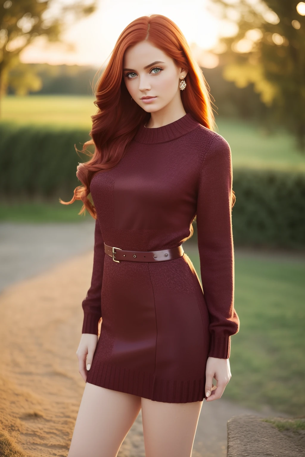 glamour, Fashion photo, Vogue Magazine, Beautiful, 18 years, Girl with disheveled red hair, pure eyes, makeup, Details, higly detailed, Fashion Magazine, standing in front of an old European castle, Sunset, rim light, Cinematic lighting,
Short black dress made of elastic knitwear with long sleeves and cherry print, Multicolored, deep cleavage, long sleeves, Polyester,
ISO 100, f / 4, 1/200 p. (in Russian).