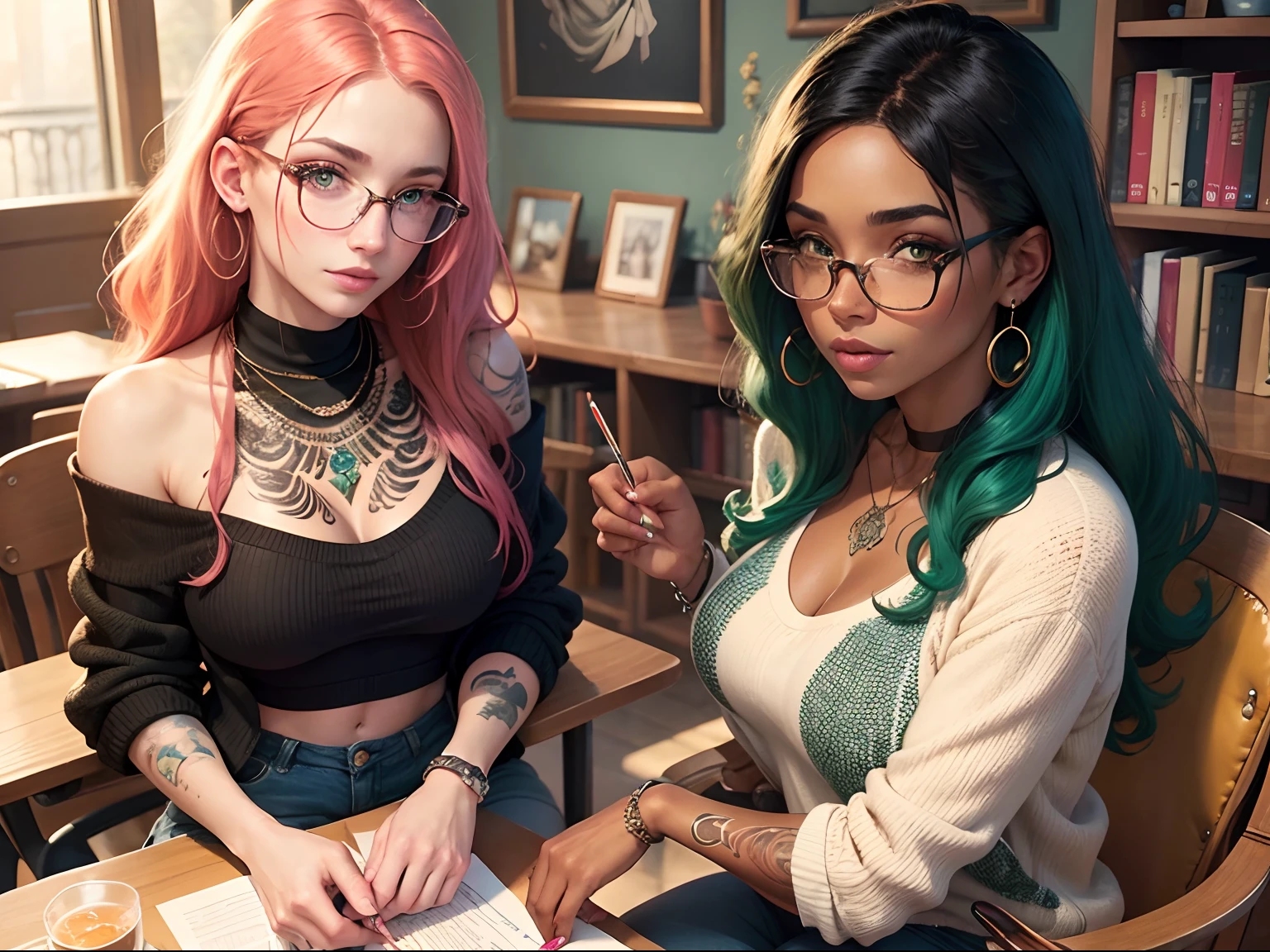 Two Gorgeous artsy women, long flowing thick natural hair, dressed in  knit sweaters and ripped jeans pants, jewelry, tattoos, indie punk aesthetic, beautiful athletic body, lovely lively expressive eyes, painting in a library in autumn, lovely colorful lighting, Cheery atmosphere, flirty, freckles, gorgeous face, very tan skin, incredible detail to texture, in love, green eyes, lots of color, photorealistic, masterpiece, absolute babe, 
Colorful outfit, patterns, glasses, sitting down in chairs behind a table reading