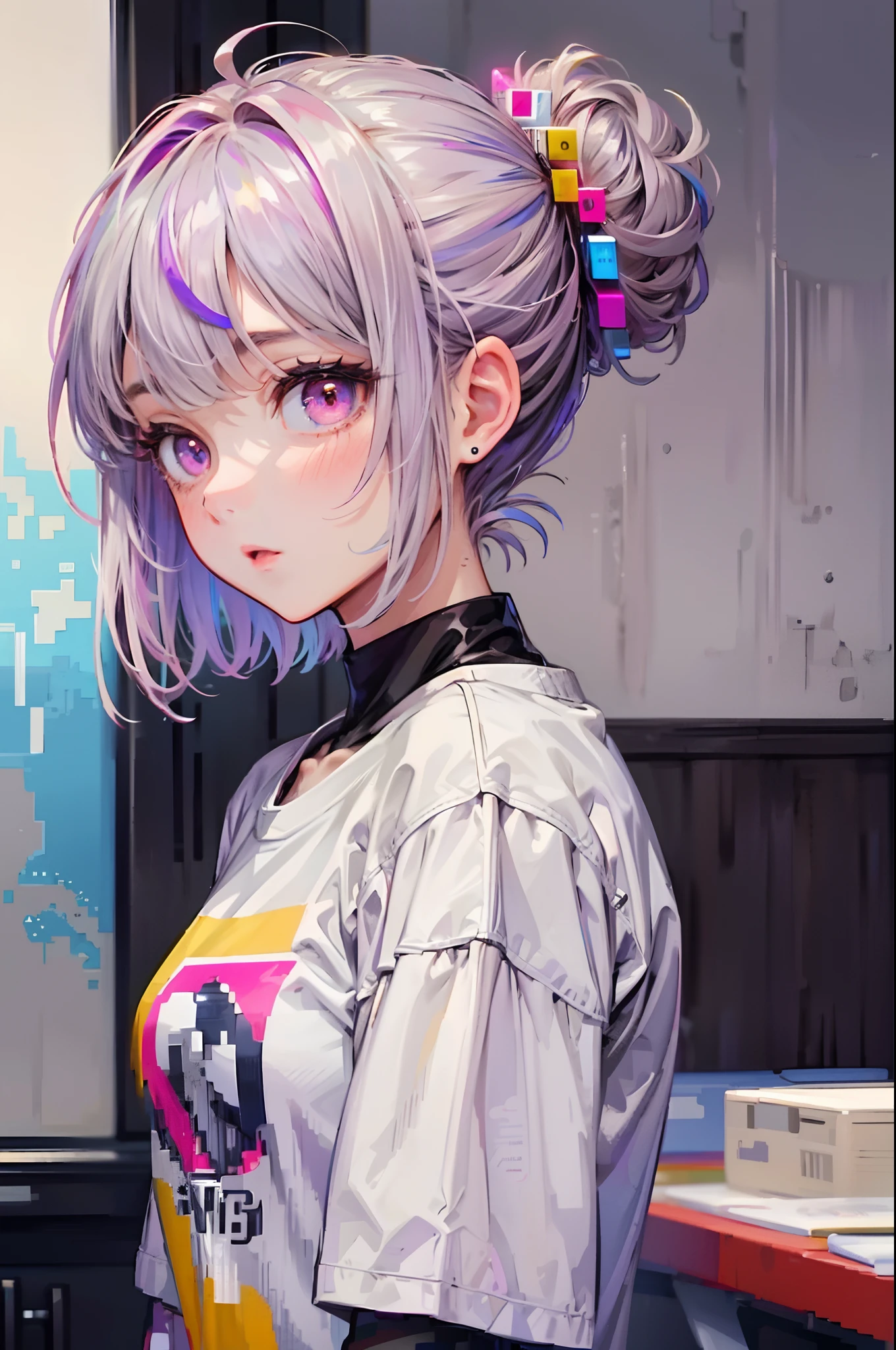 (1 cute girl)、Short hair with silver bob styled in a bun with hair clip, Pink eyes,  de pele branca, Calm down shirt ((Nero)), scenecy ((Purple Room)), tennis (rot), Extreme (blissful), pixel art, pixels