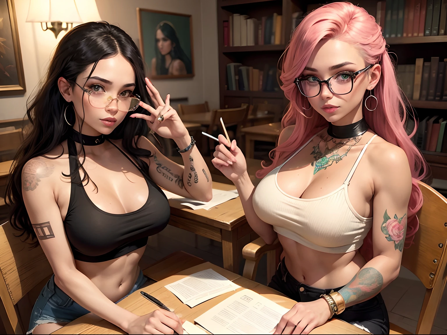 Two Gorgeous artsy women, long flowing thick natural hair, dressed in  knit sweaters and ripped jeans pants, jewelry, tattoos, indie punk aesthetic, beautiful athletic body, lovely lively expressive eyes, painting in a library in autumn, lovely colorful lighting, Cheery atmosphere, flirty, freckles, gorgeous face, very tan skin, incredible detail to texture, in love, green eyes, lots of color, photorealistic, masterpiece, absolute babe, 
Colorful outfit, patterns, glasses, sitting down in chairs behind a table reading