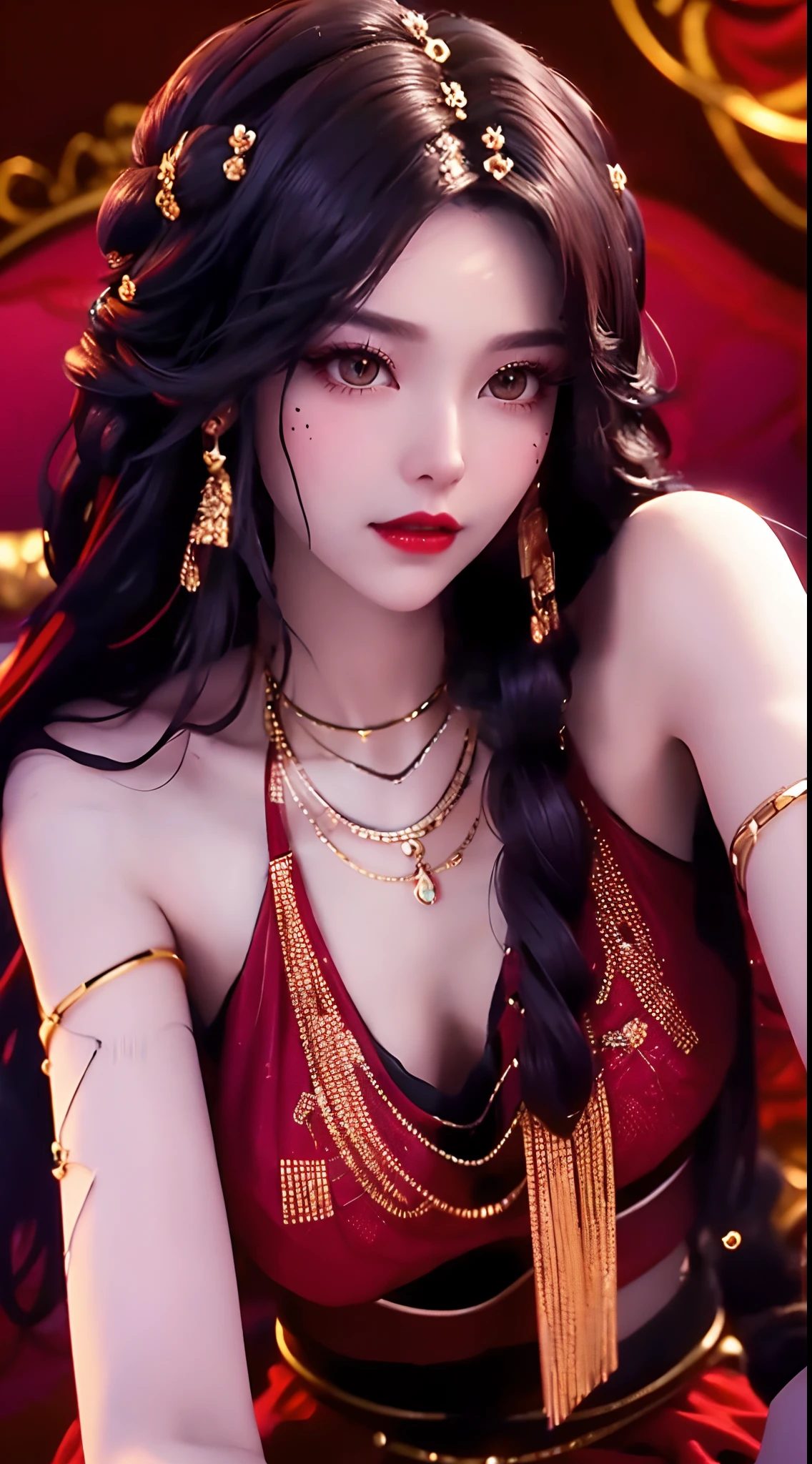 1 beautiful and sexy 20 year old girl, ((wearing a super thin red dress:1.6)), dress with diamonds, ((long purple-black hair:1.6)), bangs, elaborate jewelry made from stones noble and beautiful hair, ((wearing a black lace necklace:1.4))), noble, noble style of an extremely beautiful girl, super cute little face, very pretty face, fur thin eyebrows, flawless beautiful face, ((black eye pupils: 0.8)), very beautiful eyes, ((black eyes: 1.6)), beautiful makeup and detailed hairdo, eyelashes, eye makeup wet, high nose, earrings, red lips, ((closed mouth: 1;5 )) beautiful lips, slim hands, ((arms spread out to the sides: 1.5)), rosy face, clean face, flawless beautiful face, smooth white skin, (big breasts: 1.5)), ((high breasts: 1.6)), firm breasts, nice cleavage, (((big and super round breasts: 1.8))) , ((super firm breasts: 1.7)) , beautiful breasts, perfect body, (((sitting position, leaning back and hands behind: 1.5))), ((chest puffed out: 1.5)) , don't be shy, 8k photos, super high quality, super realistic, super 10x pixels, optical, bright studio, bright edges, two-tone lighting, (high detail skin:1.2), super 8k, soft lighting , high quality, volumetric light, optical, optical high resolution, light, best photo, 4k, 8k quality, blur effect, smooth sharpness, 10 x pixels, ((flower red background:1.5)), aurora, lightning, super realistic graphics, most realistic graphics, alone, solo, Extremely sharp, surreal images, (((frontal portrait: 1.4)))."