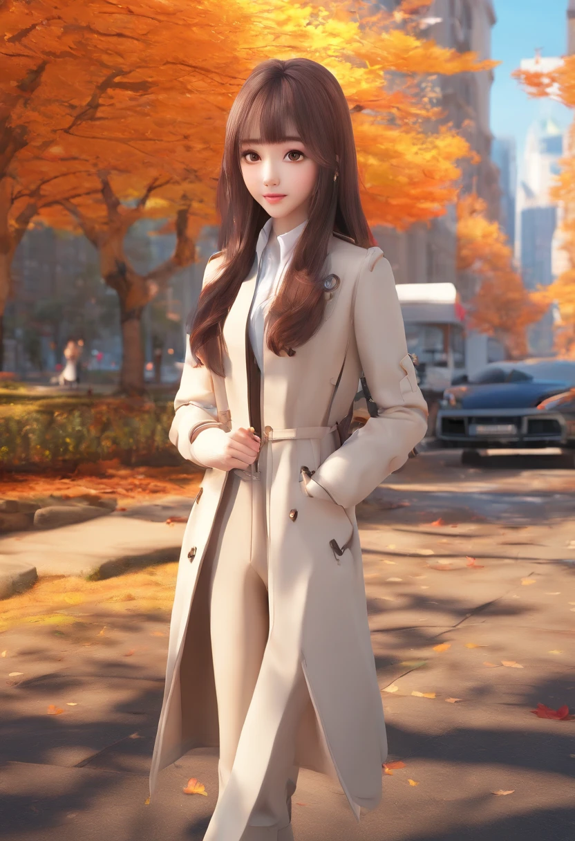 Anime realistic style - long hair Chinese girl，Dyed her long brown hair，The cuteness reveals the style of the royal sister，Stand in front of a white Audi R8，Wear sunglasses，Wear a beige trench coat，White color blouse，Black jeans and black leather boots。Starbucks coffee in hand，The background is a park in autumn。