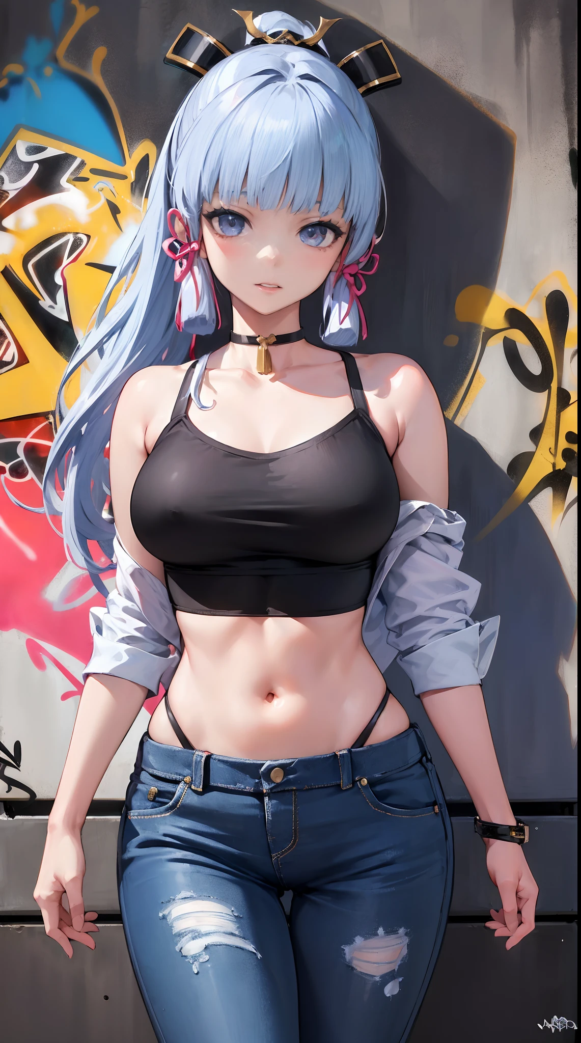 kamisato ayaka|genshin impact, master-piece, bestquality, 1girls,25 years old, proportional body, elongated legs, Beautiful, proportional., crop top, Long Jeans, mediuml breasts, ,bara, crop top, choker, (Graffiti:1.5), Splash with purple lightning pattern., arm behind back, against wall, View viewers from the front., Thigh strap, Head tilt, bored,(NSTDA.:1.2), (10, beste-Qualit, master-piece: 1.4), Beautiful red hair, ultra-high resolution, (lifelike, photorealistic portrait: 1.48), 20 age, Cute Girl, (Looking Through Crop Tops.), Famous Japanese actors, beautiful clear eyes, Head tilt, cowboy shot, from the front, looking at the audience, expressionless, Beautiful lake, Zeiss 150mm F/ 2.8 Hasselblad, Whole body, foot, Ultra-Wide Angle,