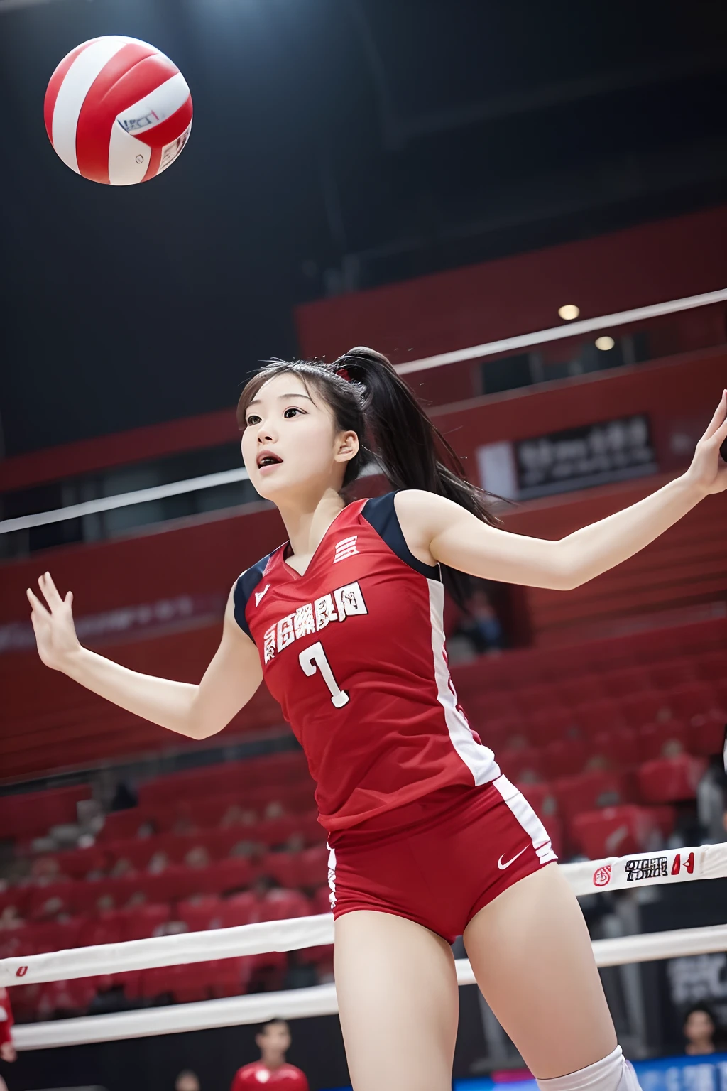 A girl who flies（only one），(（Normal hands）)，Volleyball costumes（Chinese red），horse tailed（Fly up），（volleyball：Smash to hit volleyball），Net，volleyball，Tense atmosphere，drenched all over the body，All eyes and ears，Arena of the competition