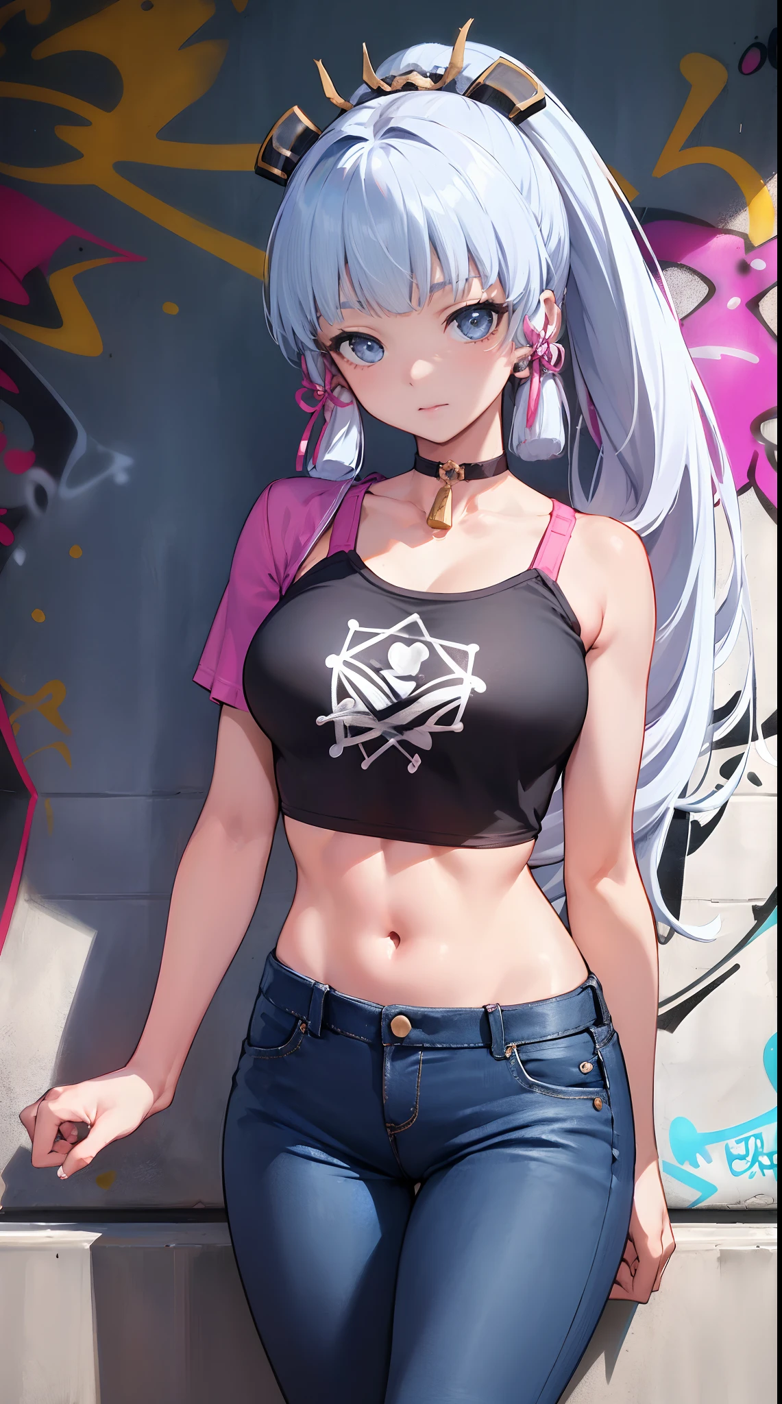 kamisato ayaka|genshin impact, master-piece, bestquality, 1girls,25 years old, proportional body, elongated legs, Beautiful, proportional., crop top, Long Jeans, mediuml breasts, ,bara, crop top, choker, (Graffiti:1.5), Splash with purple lightning pattern., arm behind back, against wall, View viewers from the front., Thigh strap, Head tilt, bored,(NSTDA.:1.2), (10, beste-Qualit, master-piece: 1.4), Beautiful red hair, ultra-high resolution, (lifelike, photorealistic portrait: 1.48), 20 age, Cute Girl, (Looking Through Crop Tops.), Famous Japanese actors, beautiful clear eyes, Head tilt, cowboy shot, from the front, looking at the audience, expressionless, Beautiful lake, Zeiss 150mm F/ 2.8 Hasselblad, Whole body, foot, Ultra-Wide Angle,