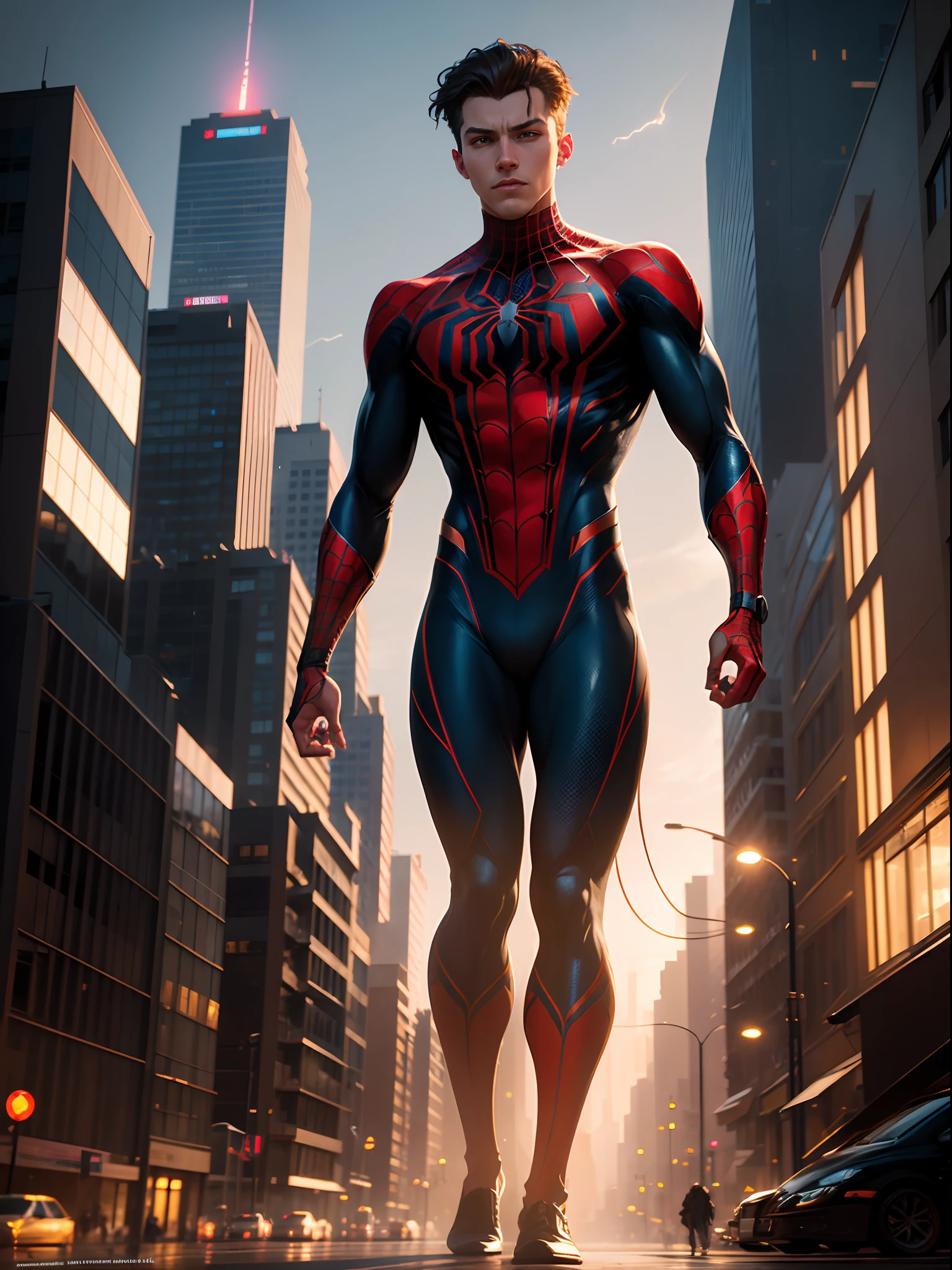 A spiderman, with green white and red colors, standing from the Palacio de las artes