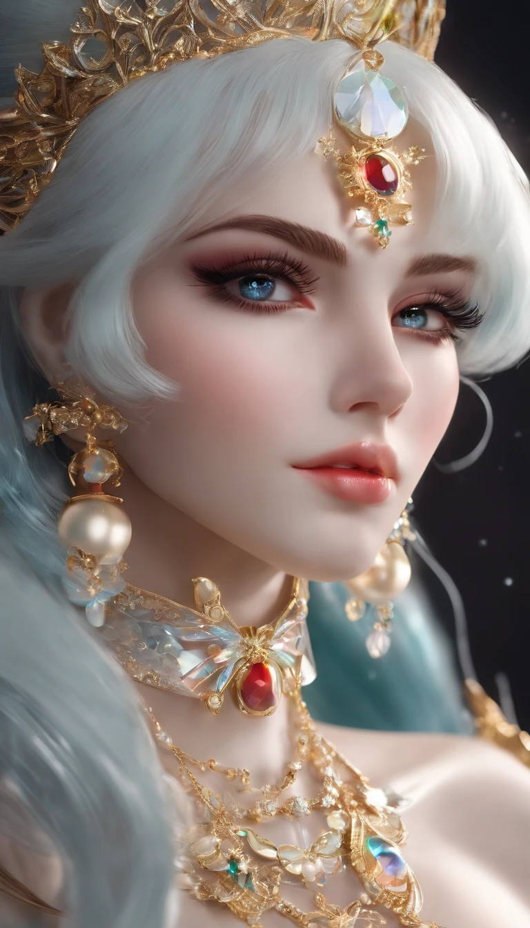 master part, Uma menina bonita , Estilo Sailor Moon , usando roupas de textura de pvc transparente a laser , prisma , wistful expression, Olhos bonitos , brilho , jewelries , retrato , pintura original do jogo , design de conceito de personagem de anime , beautiful face , sagrado, longo transparente iridescente GB cabelo, reflexos de cores iridescentes transparentes em seus cabelos, altamente detalhado, linda menina sagrada, Luz bonita no fundo preto