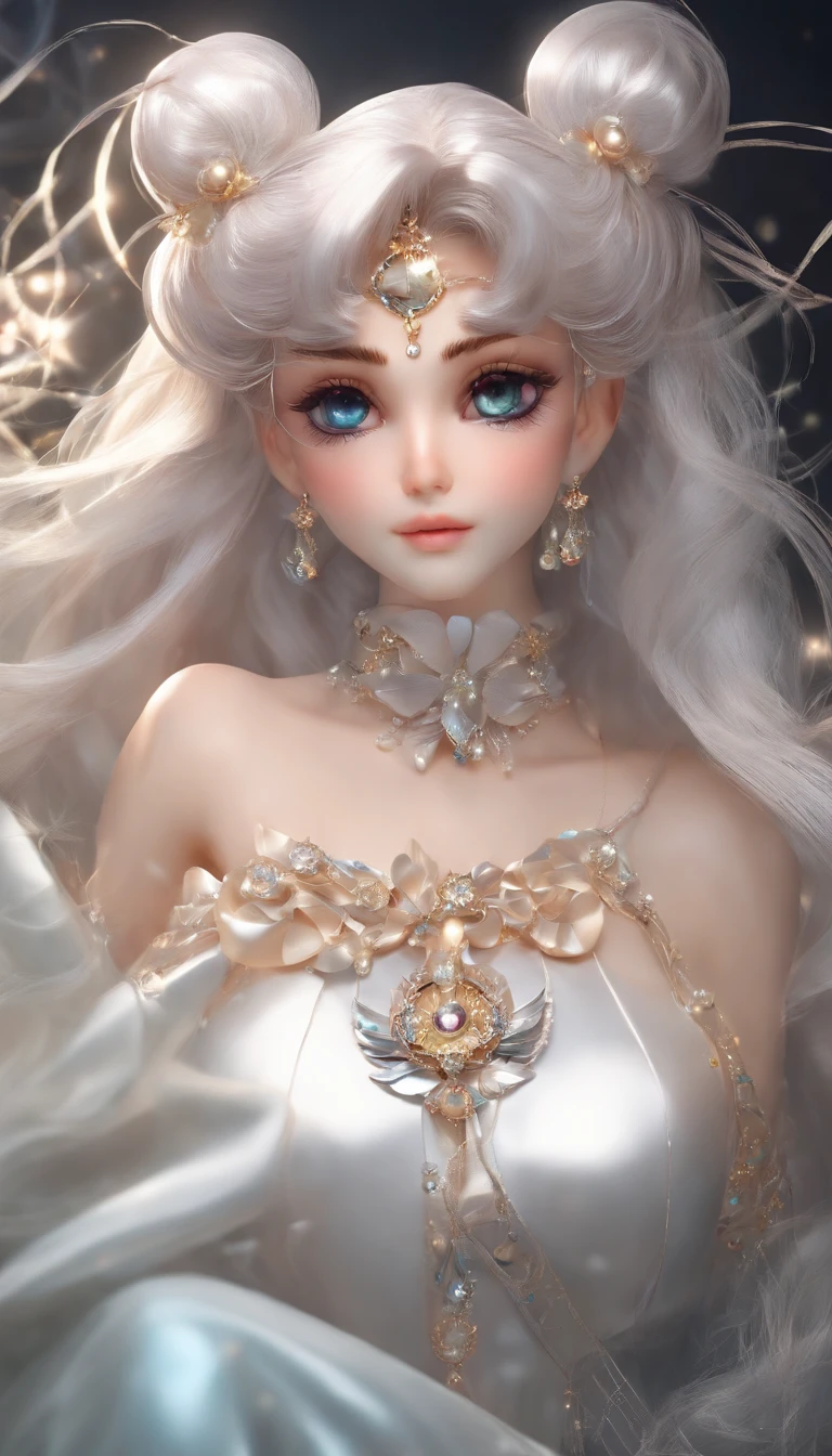 master part, Uma bonita , Estilo Sailor Moon , usando roupas de textura de pvc transparente a laser , prisma , wistful expression, Olhos bonitos , brilho , jewelries , retrato , pintura original do jogo , design de conceito de personagem de anime , beautiful face , sagrado, longo transparente iridescente GB cabelo, reflexos de cores iridescentes transparentes em seus cabelos, altamente detalhado, linda meninada, Luz bonita no fundo preto