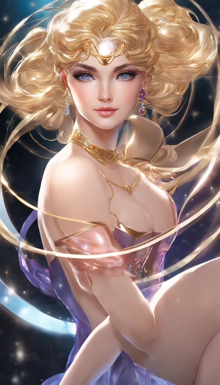 master part, Uma  bonita , Estilo Sailor Moon , usando roupas de textura de pvc transparente a laser , prisma , wistful expression, Olhos bonitos , brilho , jewelries , retrato , pintura original do jogo , design de conceito de personagem de anime , beautiful face , sagrado, longo transparente iridescente GB cabelo, reflexos de cores iridescentes transparentes em seus cabelos, altamente detalhado, linda meninada, Luz bonita no fundo preto
