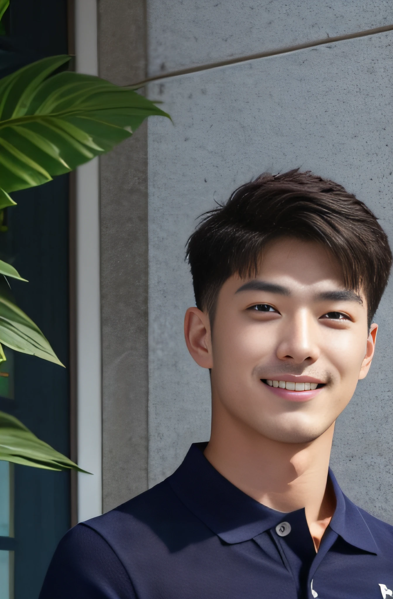 A handsome men ,20 age , Short Hair Hair, korea , Student，(((Wear a navy polo shirt without stripes......))), smile , front-view ,Pectoral muscles, Wide shoulders ,athlete , Upper body (1),  It's raining: 1.3, On the edge of high-rise buildings: 1.2, body dripping wet: 1.1,