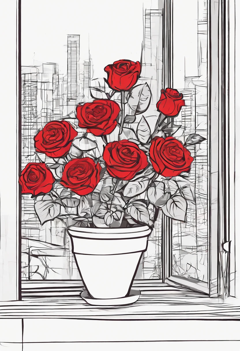 Red roses in a pot on the windowsill,Faded city background