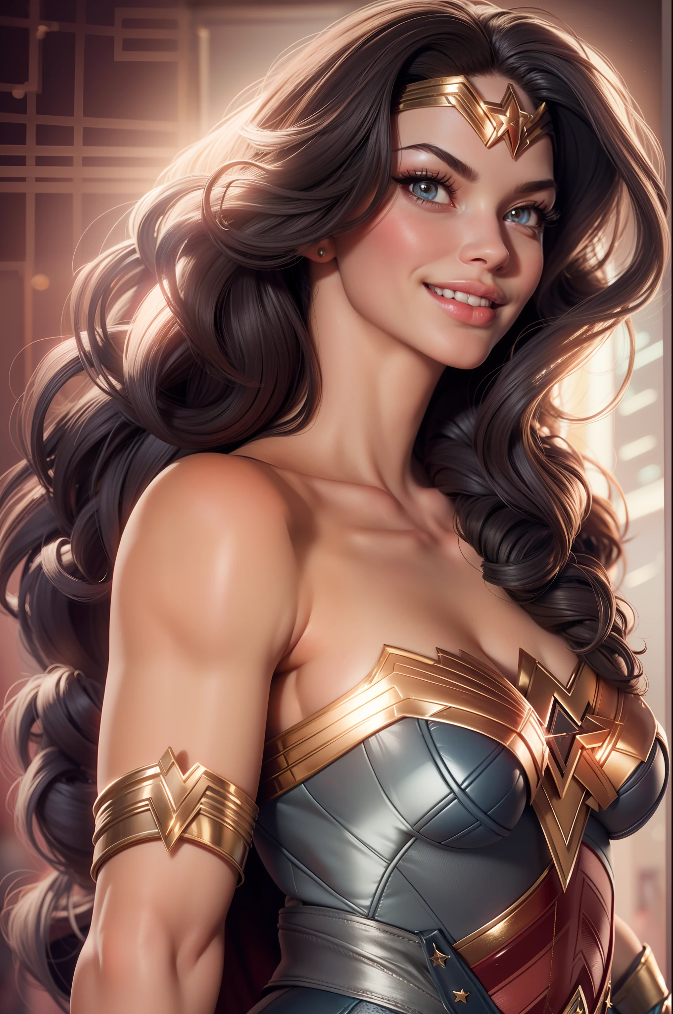 Wonder woman, Portrait photo by Altgarm, realism style, Glowing skin, Cartoon hero, Natural light, Defined lips, Strong physical strength, Feminine body, Full body, viewer, (Smile:1.2), Depth of field f/1.8, studio shot, (((looking in camera))), Camera orientation, ellen von unwerth, (Sexy Pose:1.5))