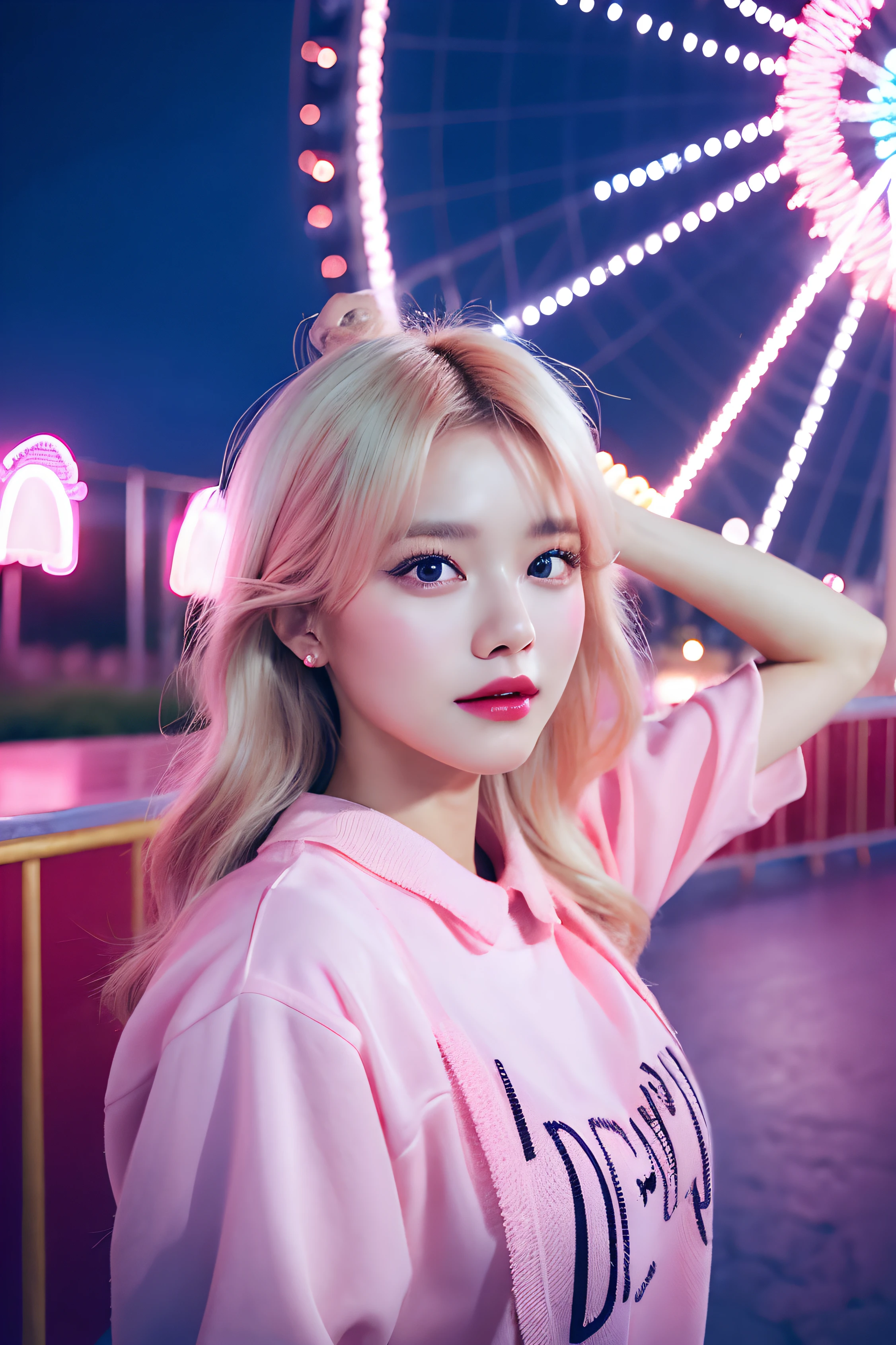 1girl in, Super beautiful girl, Dream Girl, Wearing pink, ulzzangs, Dancing, Concert in amusement park in the background, Lightning in the sky, Ultra Details, A hyper-realistic, Cinematic , Octane Render, 16 K,a blond