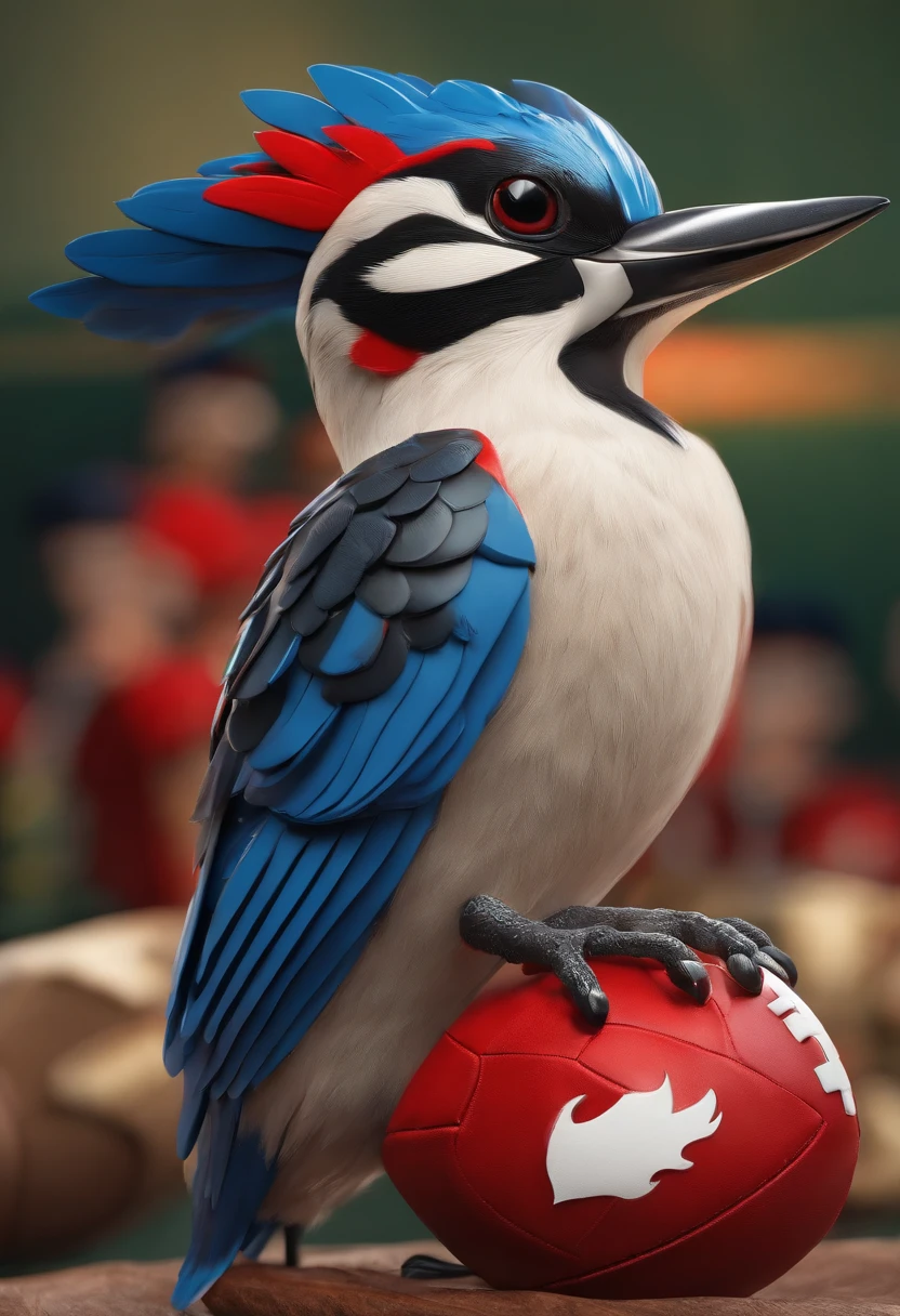 Woodpecker in a football uniform, seen from the side, number art, catalogue photo, 3D rendering of Bipp, cartoonish style, Bright red and blue