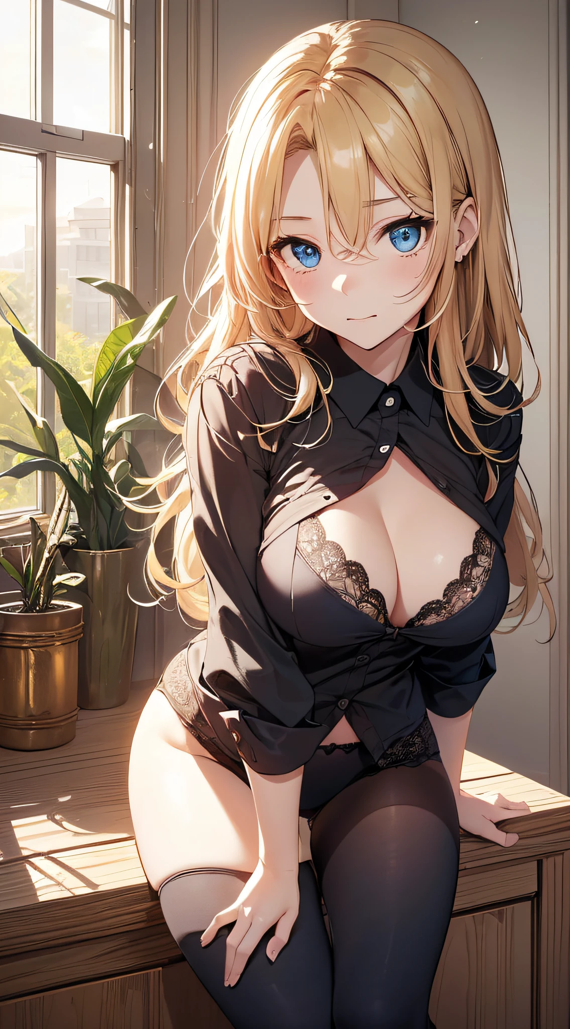 top-quality、Top image quality、​masterpiece、girl with((18year old、 Black Y-shirt with open buttons、,White underwear、Best Bust、Bust 85、a blond、disheveled semi-long、Blue eyes、open chest wide、Valley、Happiness、A slender、Physical education sitting、Shy face)）hiquality、Beautiful Art、Background with((A room with beautiful sunlight))、masutepiece、Elaborate design、visualart