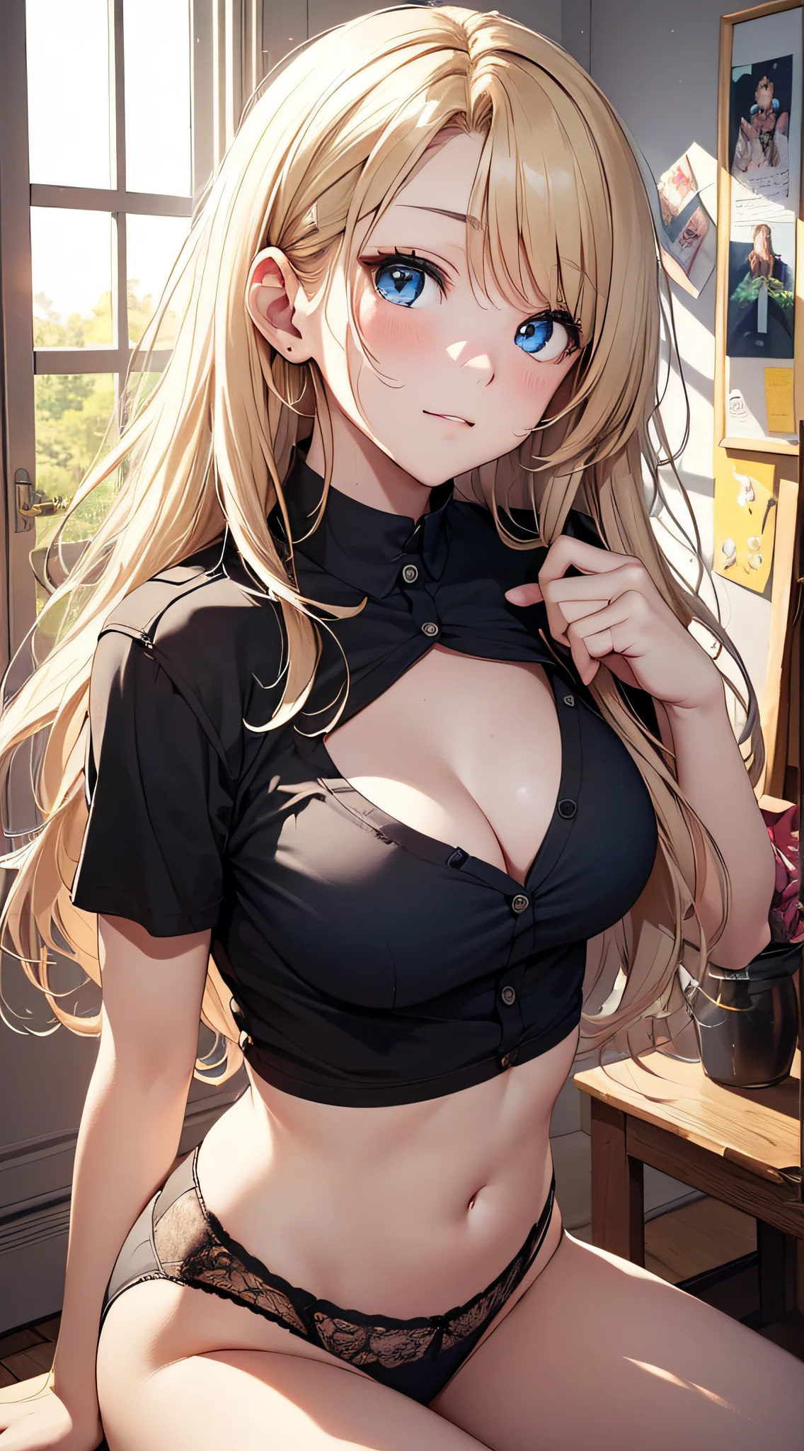 top-quality、Top image quality、​masterpiece、girl with((18year old、 Black Y-shirt with open buttons、,White underwear、Best Bust、Bust 85、a blond、disheveled semi-long、Blue eyes、open chest wide、Valley、Happiness、A slender、Physical education sitting、Shy face)）hiquality、Beautiful Art、Background with((A room with beautiful sunlight))、masutepiece、Elaborate design、visualart