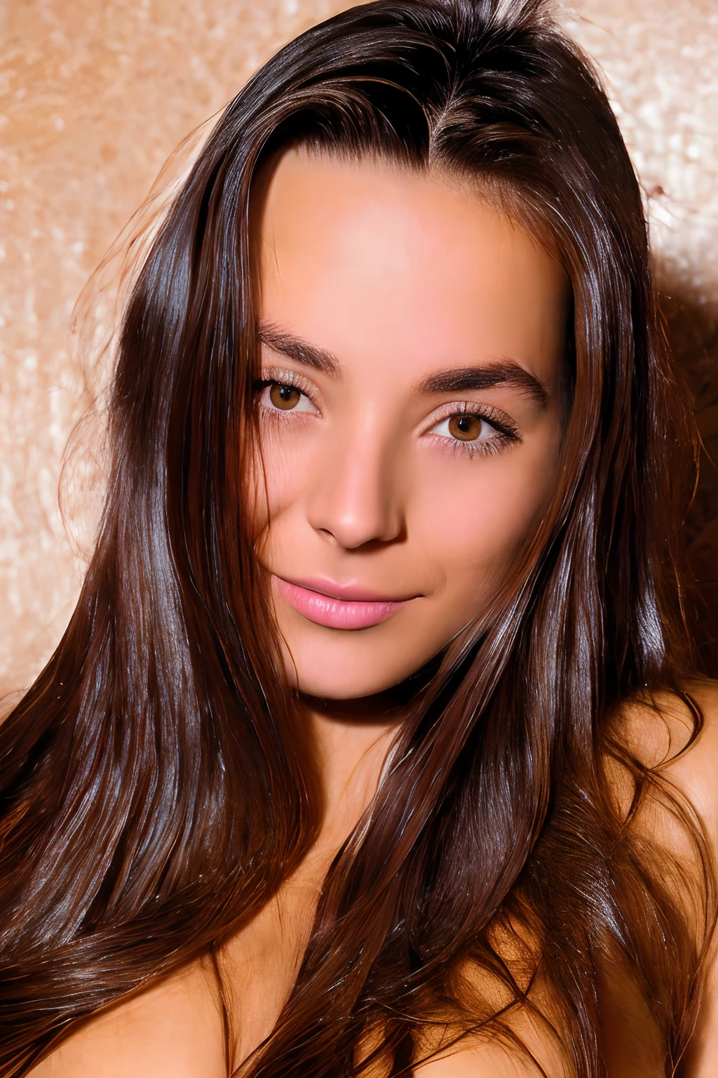Portrait of model with long light brown Hair Style, Beautiful, perfect eyes, (Eye makeup:1.1), (highly detailed skin:1.1), (perfect small breasts), Perfect Slim body, wearing a white bath towel, ((SFW)) , Realistic, PHOTOREALISTIC, detailed face, soft lighting, Professional photography blurred background, RAW, analog style, sharp focus, 8k UHD, DSLR, high quality, Fujifilm XT3, grain,