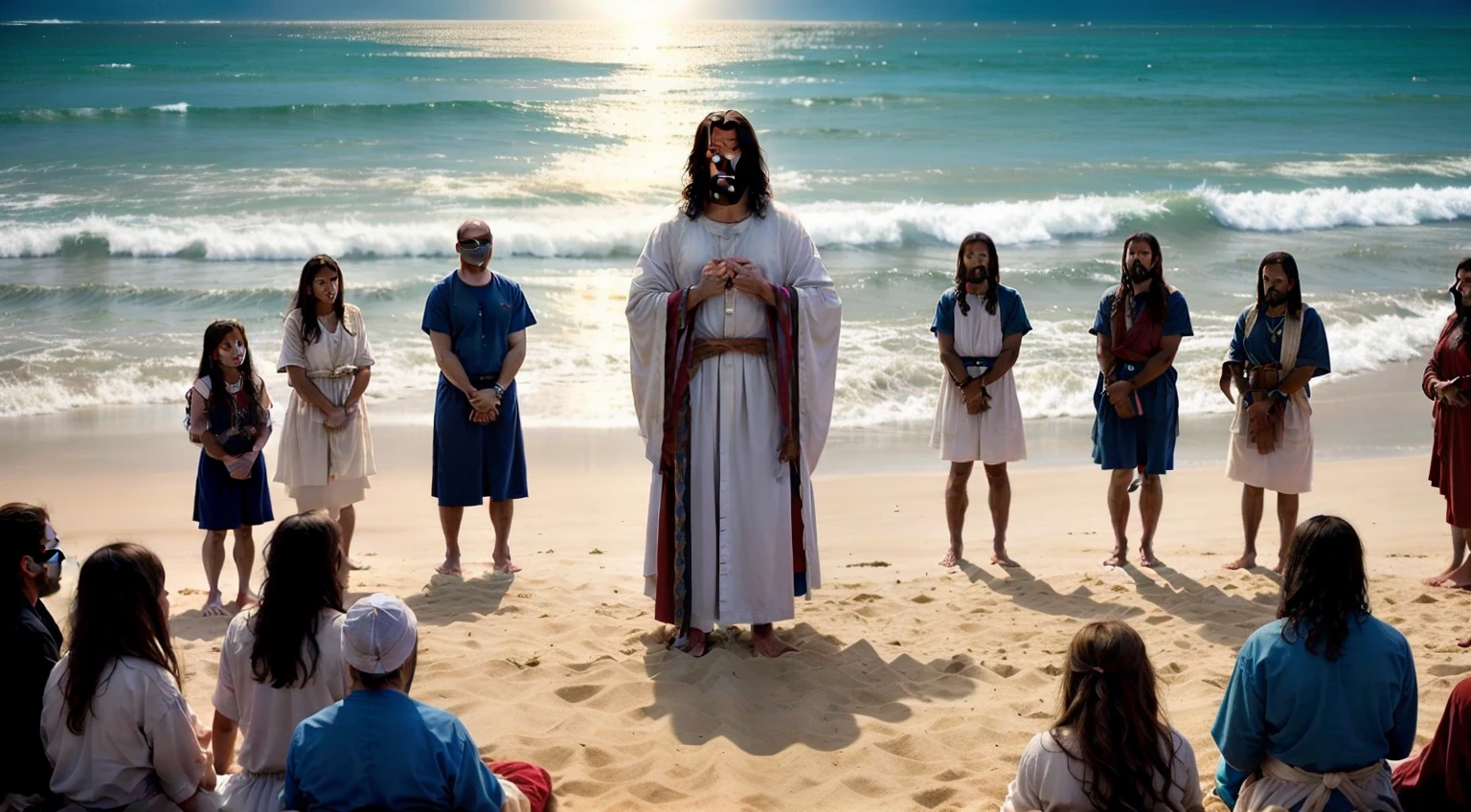 There is a man standing on the beach with a group of people, Vestido como Jesus Cristo, Obra-prima da luz brilhante, Jesus, muitas pessoas adorando, O Senhor e Salvador, Segunda vinda, majestosa obra-prima, holy themed, holy ceremony, grande obra-prima, Praia, jesus wasted at a party, obra-prima espiritual, cena poderosa, Jovem Deus Todo-Poderoso, Jesus Cristo, estilo Marvel.