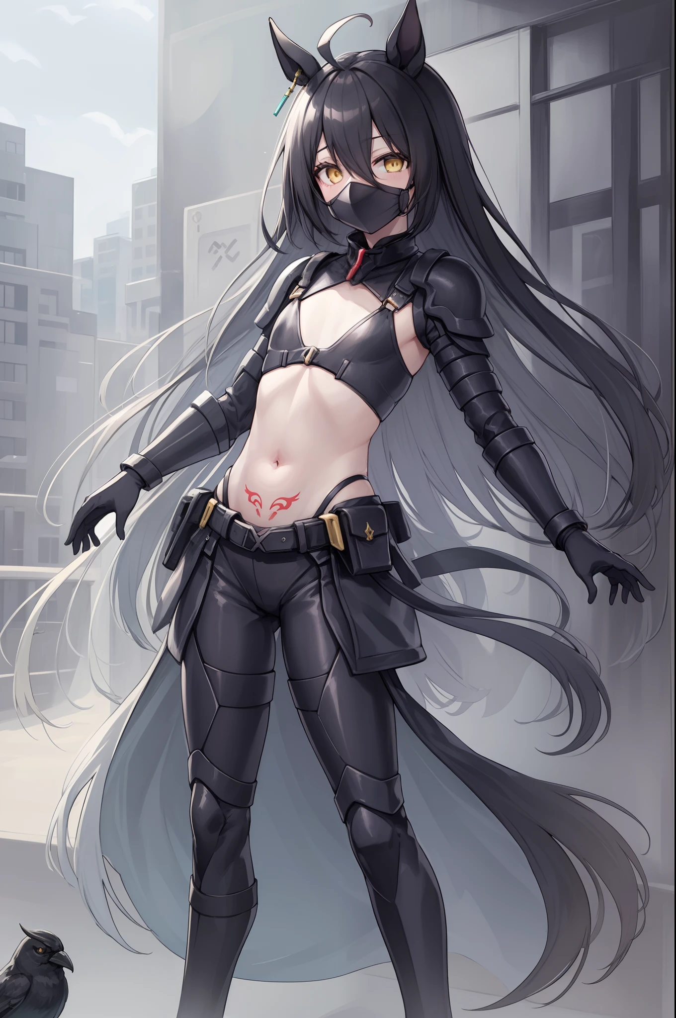 Super masterpiece, ultra best quality,Ultra-high image quality,((((Paintings by Takafu Takeuchi)))),((cowboy shot)),(Full body diagram),((1girl in)), (((Crow-style plague mask covering the face)),(((Plague mask mask))),((Black like a crow, Yellow and white battlesuit)),((Black steel crow-style shoulder body armor that only covers )), ((Crow-inspired black steel greaves)),((Black steel gauntlet in the style of a crow)),(manhattan-cafe),(((long shiny black hair))),((((Independent white ahoge)))), (((elongated bangs bend between the eyes and over the mask,)),(Black-haired horse ears),(black horse tail),(((Golden eyes without highlights))),(((flat chest))),((Realistic butterfly on shoulder and stomach々Tattoos)),(((Realistic butterfly in the middle of chest plate々Tattoos))),(((Exposed belly))),(((Exposed groin))),(((Modern city rooftop at night)))