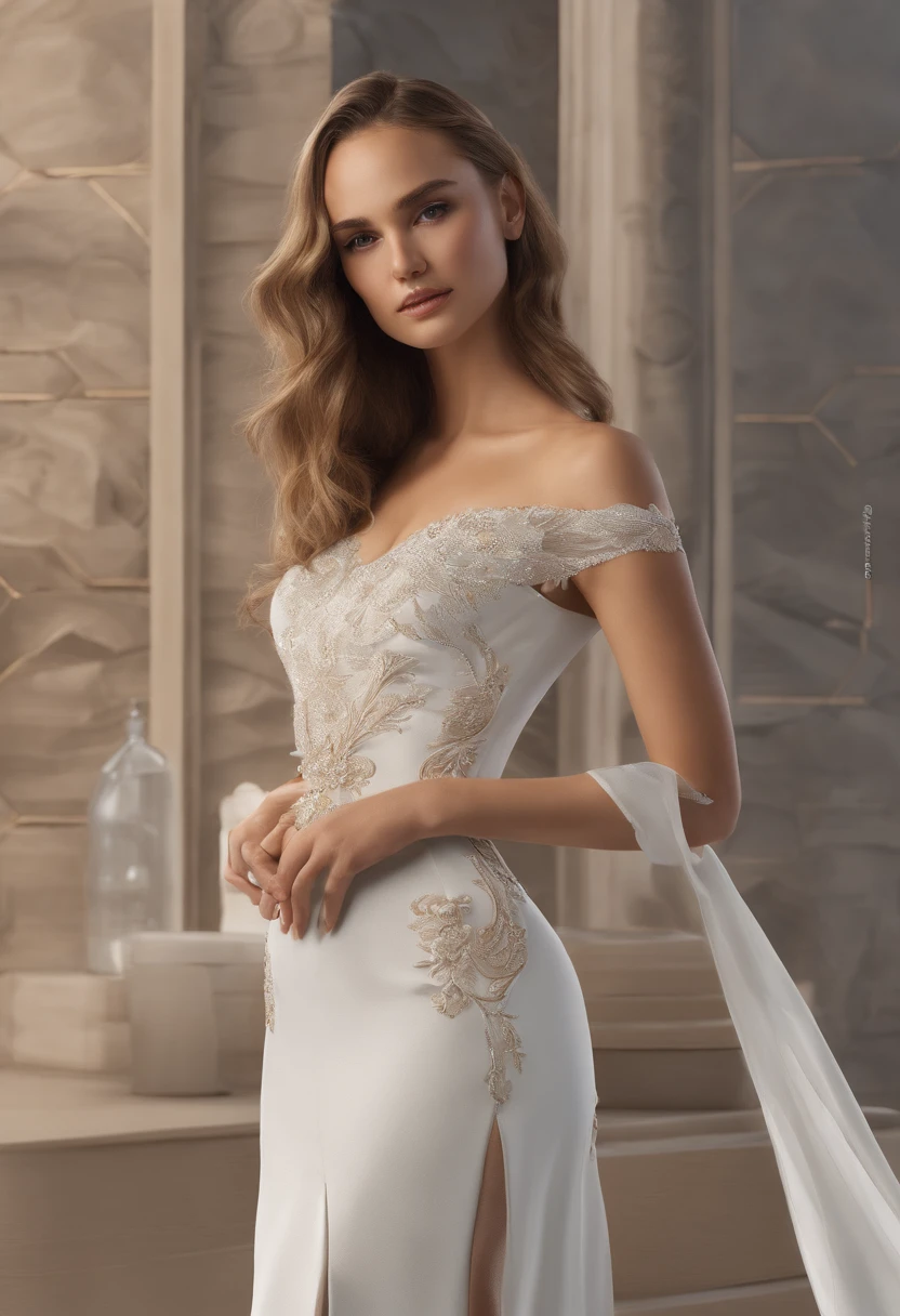 looking at viewer, English female, Age: 20 age-old,  blond hair , chignon , fringe, blue eye, little smile, (middle cup breasts, slender whist, middle hip ,beautiful pussy, beautiful anal, public hair),(White Princess dress, evening  long dress:1.3), HI heals, gold ring earring, gold neckless, bracelet,  tiara , standing on floor, evening dinner Party  , night, UHD, accurate, anatomically correct, textured skin, super detail, high details, high quality, best quality,  Crew neck dress、Dress with shoulder decoration、elbow lace glove