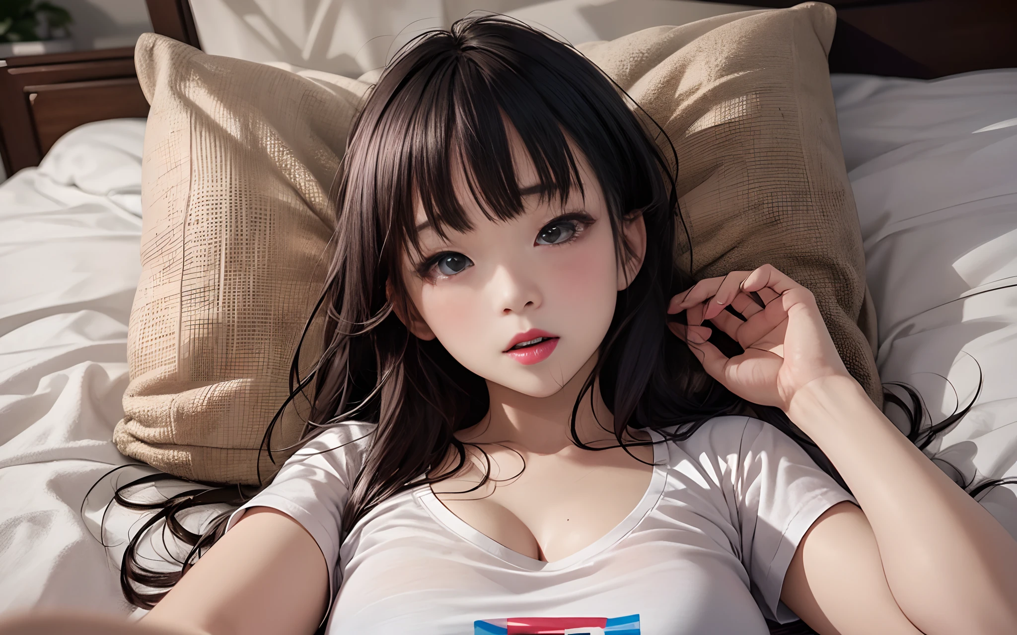 realisticlying、19 year old girl、T-shirt wearing,Face enhancement,Chest super large zoom,Cleavage emphasis,Lying in bed、Staring at me as if inviting,Blushing,Red lips,A sexy,Bed sit,Open your mouth wide