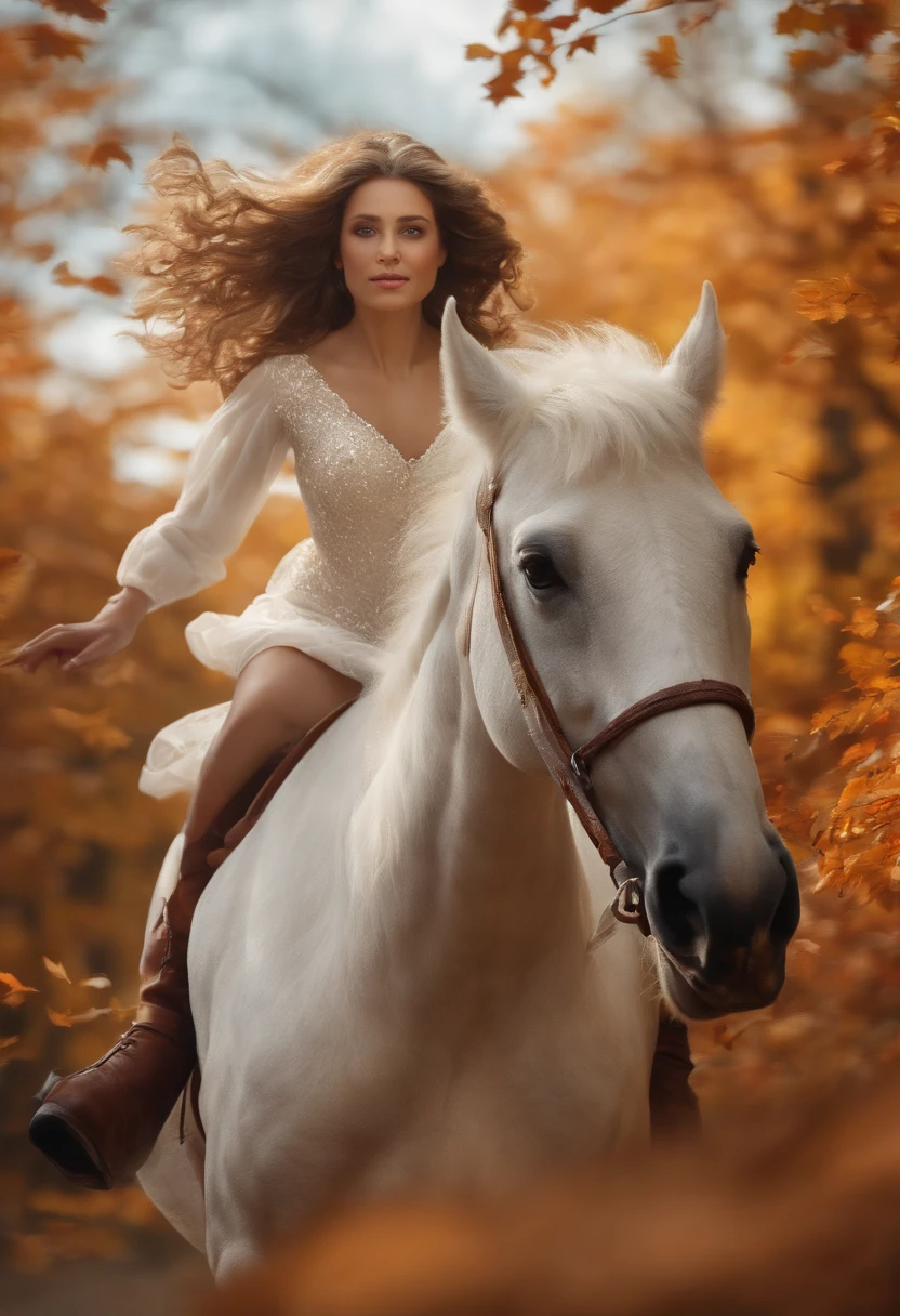 (8K, 16 K, awardwinning, Highest Quality, High resolution, Super Detail, Textured skin, Anatomically correct, Photorealistic, Raw photography, masutepiece: 1.3), (Princess in white dress on white horse :1.3), Hakuba running through the forest of autumn leaves, Dancing autumn leaves, Princess chased by someone, Running away, Dynamic, Dignified face, Expression of the wind, Path of falling leaves, Details of face, finger detailed,Leg details,Glass shoes