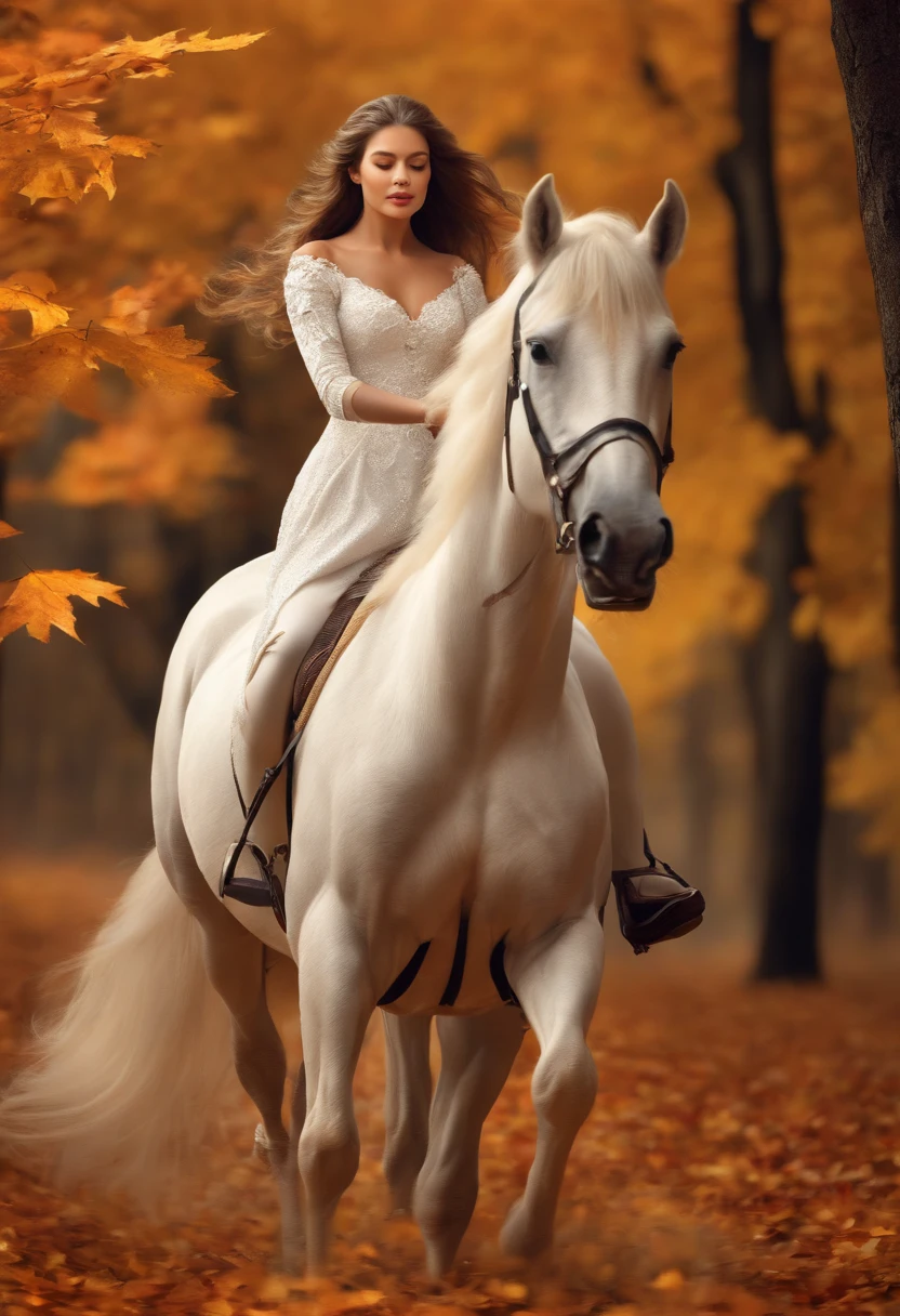 (8K, 16K, Award Winning, Top Quality, High Definition, Super Detailed, Textured Skin, Anatomically Correct, Photorealistic, Live Photography, Mastepiece: 1.3), (In a Dress on a White Horse Princess: 1.3), white horse running in the forest, autumn leaves, dancing autumn leaves, princess being chased by someone, running away, leaning forward, dignified face, wind expression, path of fallen leaves, face detail, finger detail,