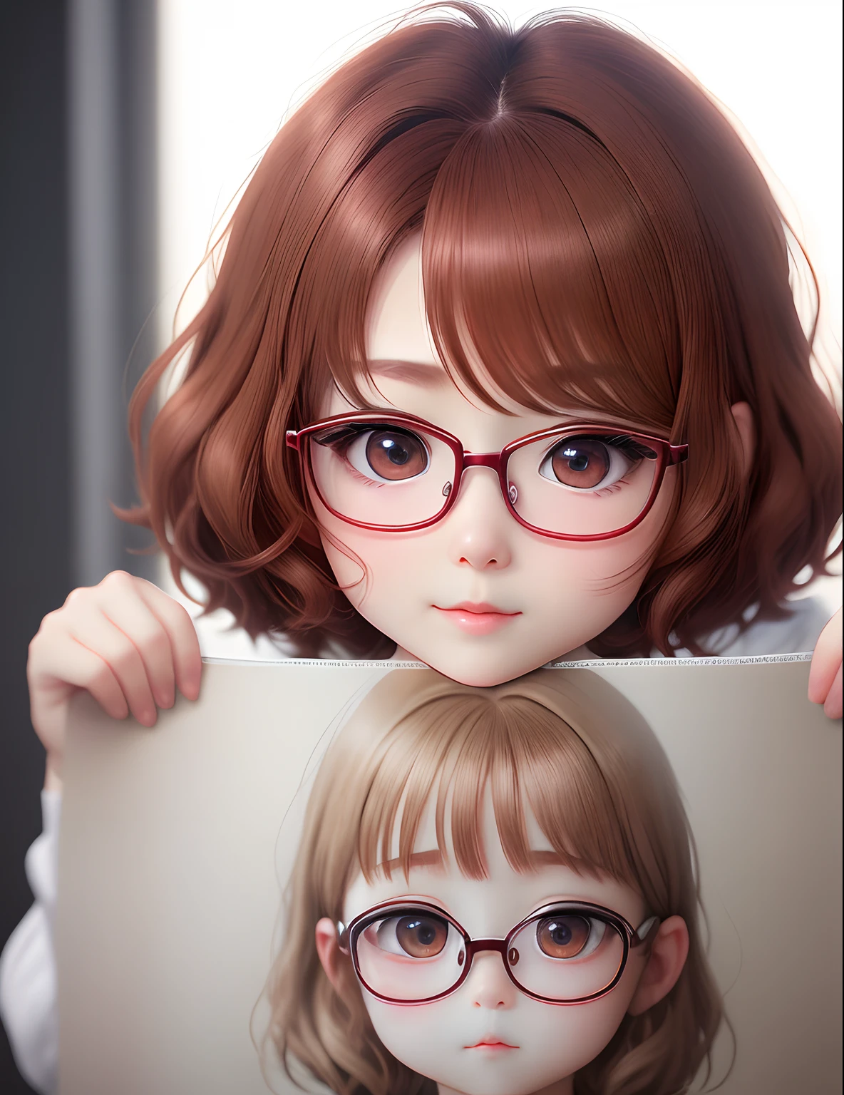 masuter piece、Soft smile、short-hair、natural, brilliant light and shadow、、thick reddish lips、5 times more eyes than normal(Move down and center)、Highlights the hair cuticle、Little Girl、Big、Red-rimmed glasses、cream colored Hair、Gentle face、in a 4k、Sareme 、Blushing cheeks、Transparent red eyes、The corners of the eyebrows are lowered、Hyper-detailing、Wide open eyes、Cute anime portraits、head is large、anime styled