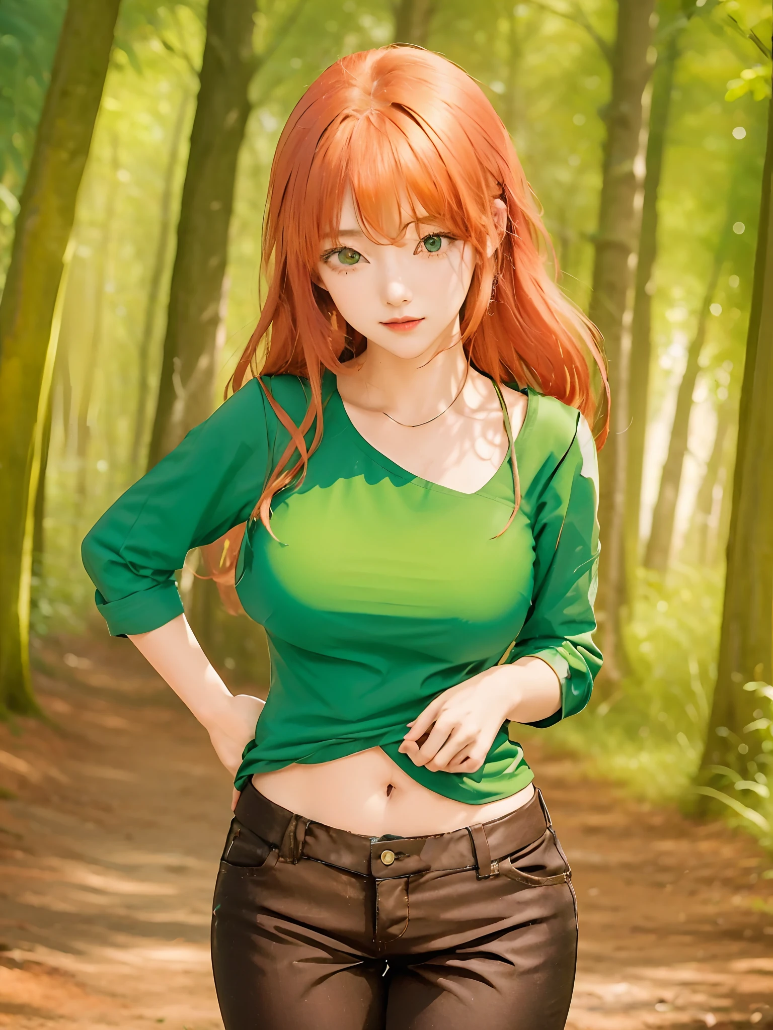 Cute ginger hair and green eyes anime woman peeing her panties with spread legs