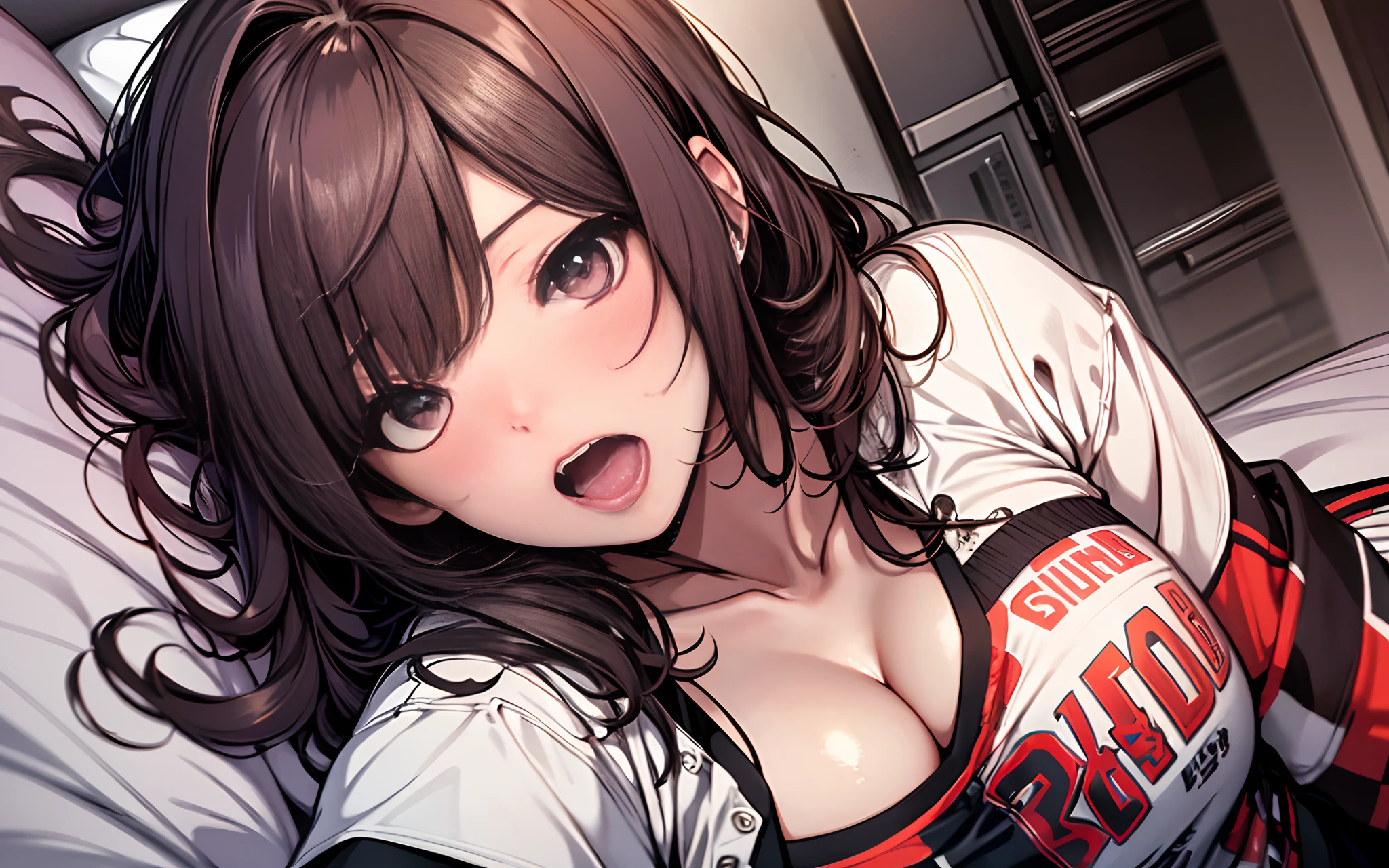 realisticlying、19 year old girl、T-shirt wearing,Face enhancement,Chest super large zoom,Cleavage emphasis,Lying in bed、Staring at me as if inviting,Blushing,Red lips,A sexy,Bed sit,Open your mouth wide