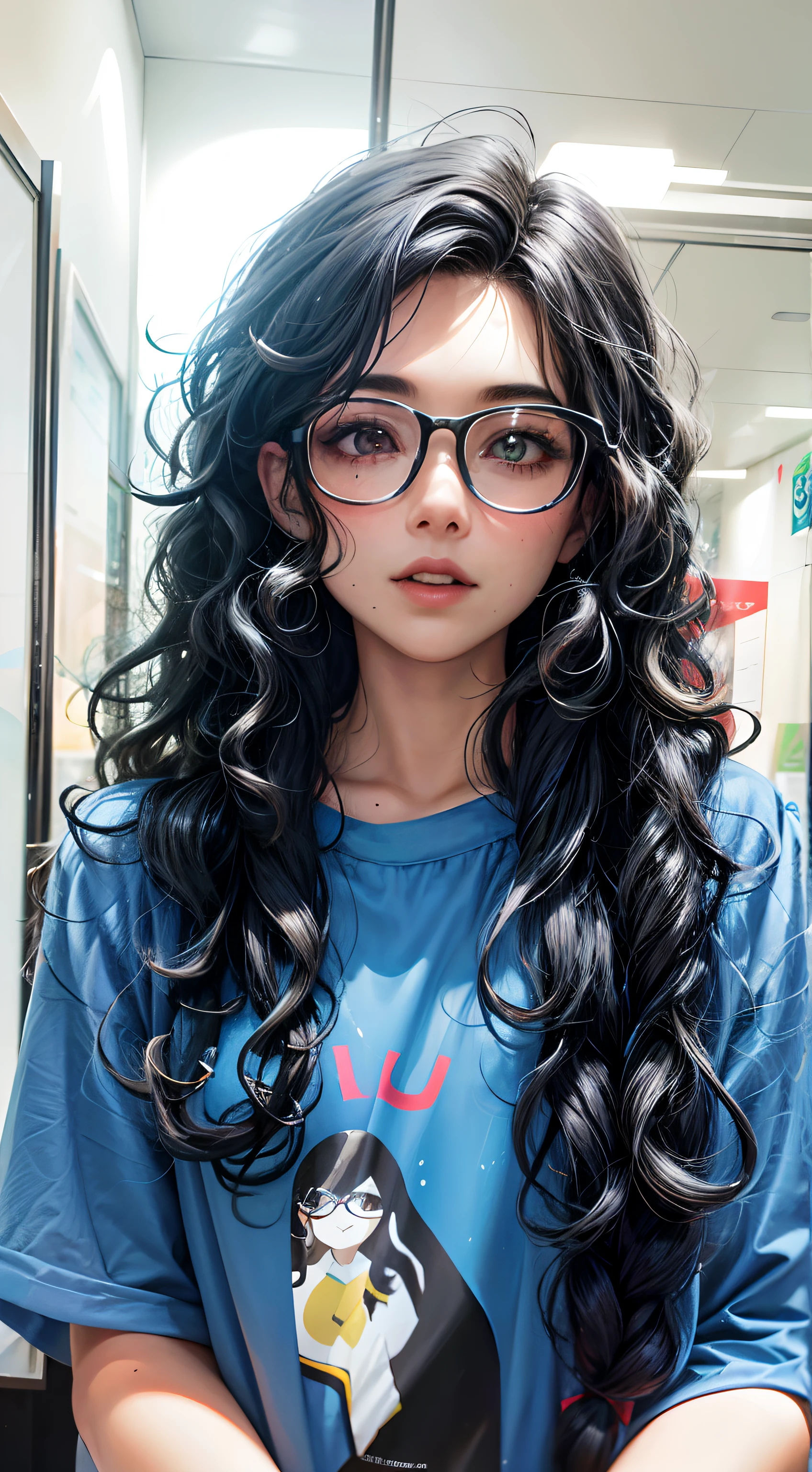 there is a woman with glasses and a blue shirt posing for a picture, wavy long black hair and glasses, with long coiled hair, Messy and curly long hair, with long curly, Long curly black hair, Wild long black curly hair, black long curly hair, 2 8 years old, Long black curly hair, Long curly hair, 2 9 years old, Curly long hair,oil painted,Anime figure,Foreigner,Europe,Eyes Dan Phoenix Eyes,petty eyes