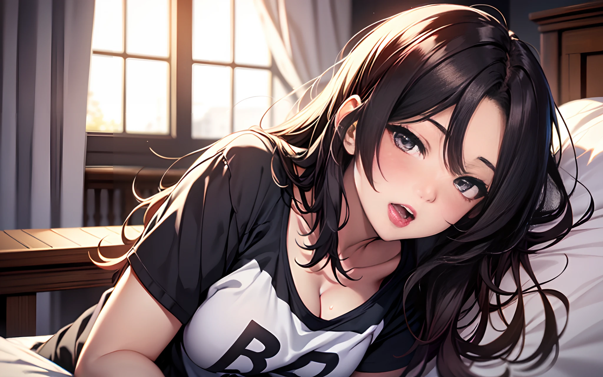 realisticlying、19 year old girl、T-shirt wearing，Face enhancement，Chest super large zoom，Cleavage emphasis，Lying in bed、Staring at me as if inviting，Blushing，Red lips，A sexy，Bed sit，Open your mouth wide
