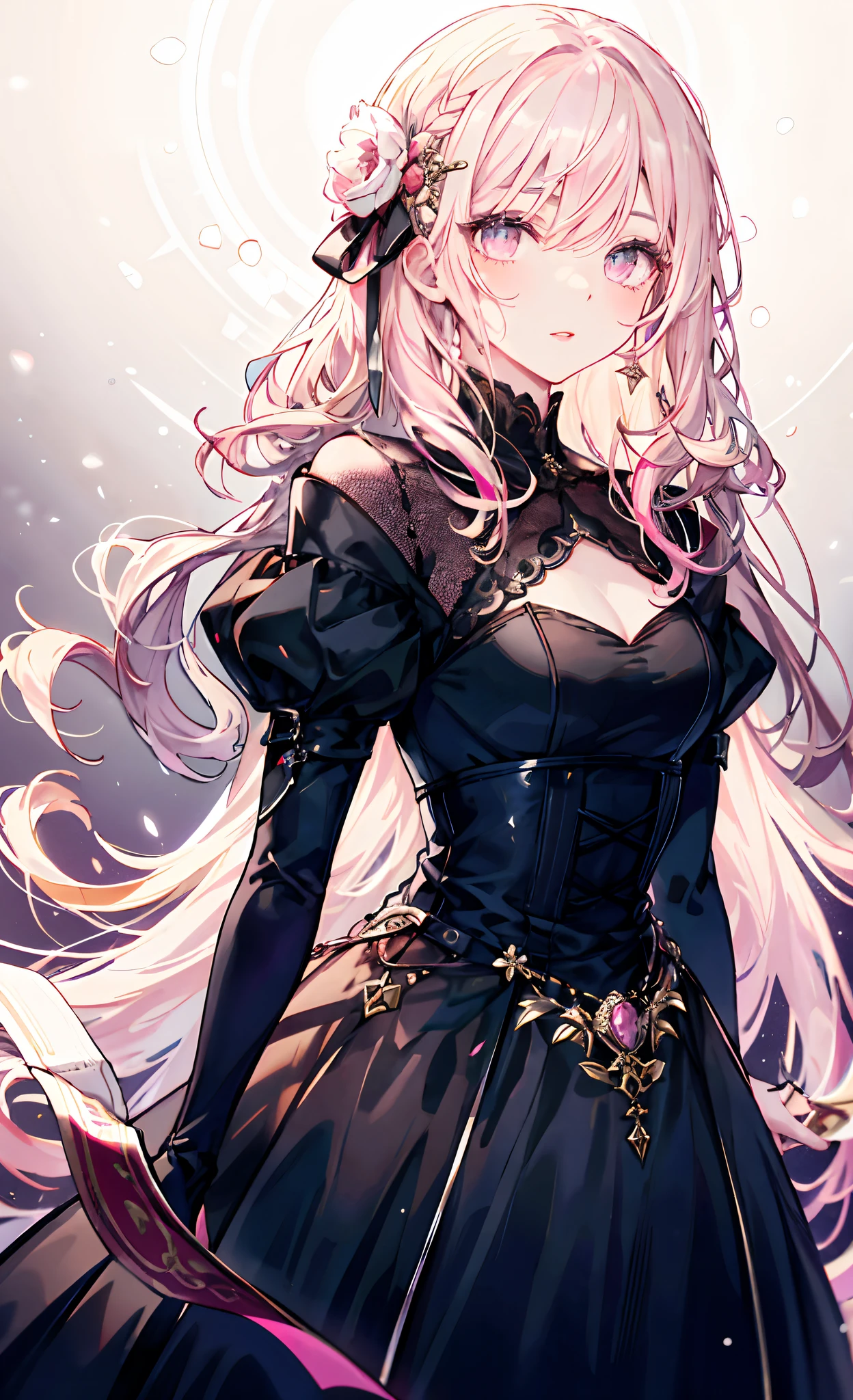 meticulous portrayal of face,1 noblewoman,a matural female,Black dress long dress,(Pink White Long Hair),(dark night background+),Prom,Court etiquette, s the perfect face, Perfect lips, perfect eyes, Perfect background