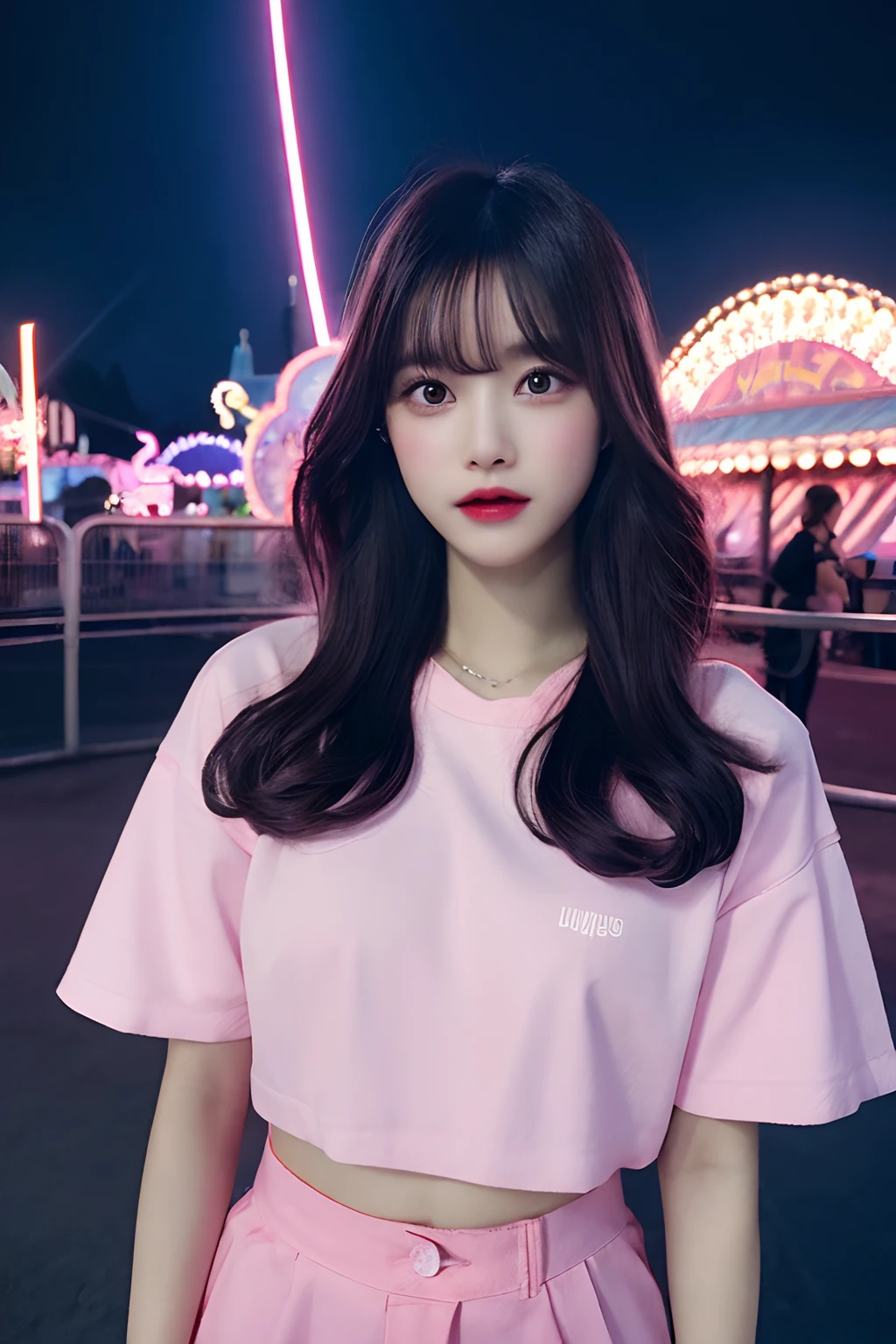 1girl in, Super beautiful girl, Dream Girl, Wearing pink, ulzzangs, Dancing, Concert in amusement park in the background, Lightning in the sky, Ultra Details, A hyper-realistic, Cinematic , Octane Render, 16 K,A dark-haired