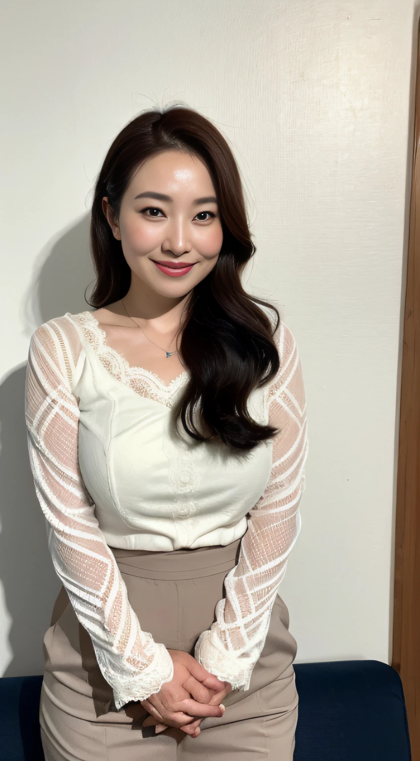 ((Place your hands on either side of your thighs))、((中景 the scene is、A half body))，((top-quality、8K、tmasterpiece:1.3))、foco nítido, high-level image quality, A high resolution, Portrait, Solo, Middle-aged woman, Beautuful Women, 45 yers old, plump,Wavy hairstyles, Living room sofa background， Wrinkles at the corners of the eyes, mesmerizing looks, ssmile：1.2，nedium breasts：1.2、Colossal tits、nipple piercing、a necklace、Visible nipple、Crewneck lace mesh skirt，Both hands are lowered，standing on your feet：1.2，orthofacial，Complete fingers，perfect bodies，