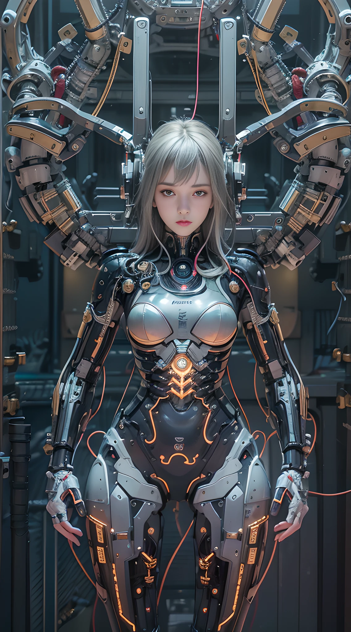 (dark brown eyes),(Maka Ueda),Transparent skin,Silver hair,Straight hair,Cyborg girl,Neon Art、8k post-production、Red and black and a little green、Elaborate metallic bones、semi human、Irridescent color、Glenn Brown Style Futuristic Room、power of the god、high-angle shot、Complex body poses,Analog 150mm lens、Beautiful Natural Soft Rim Light、