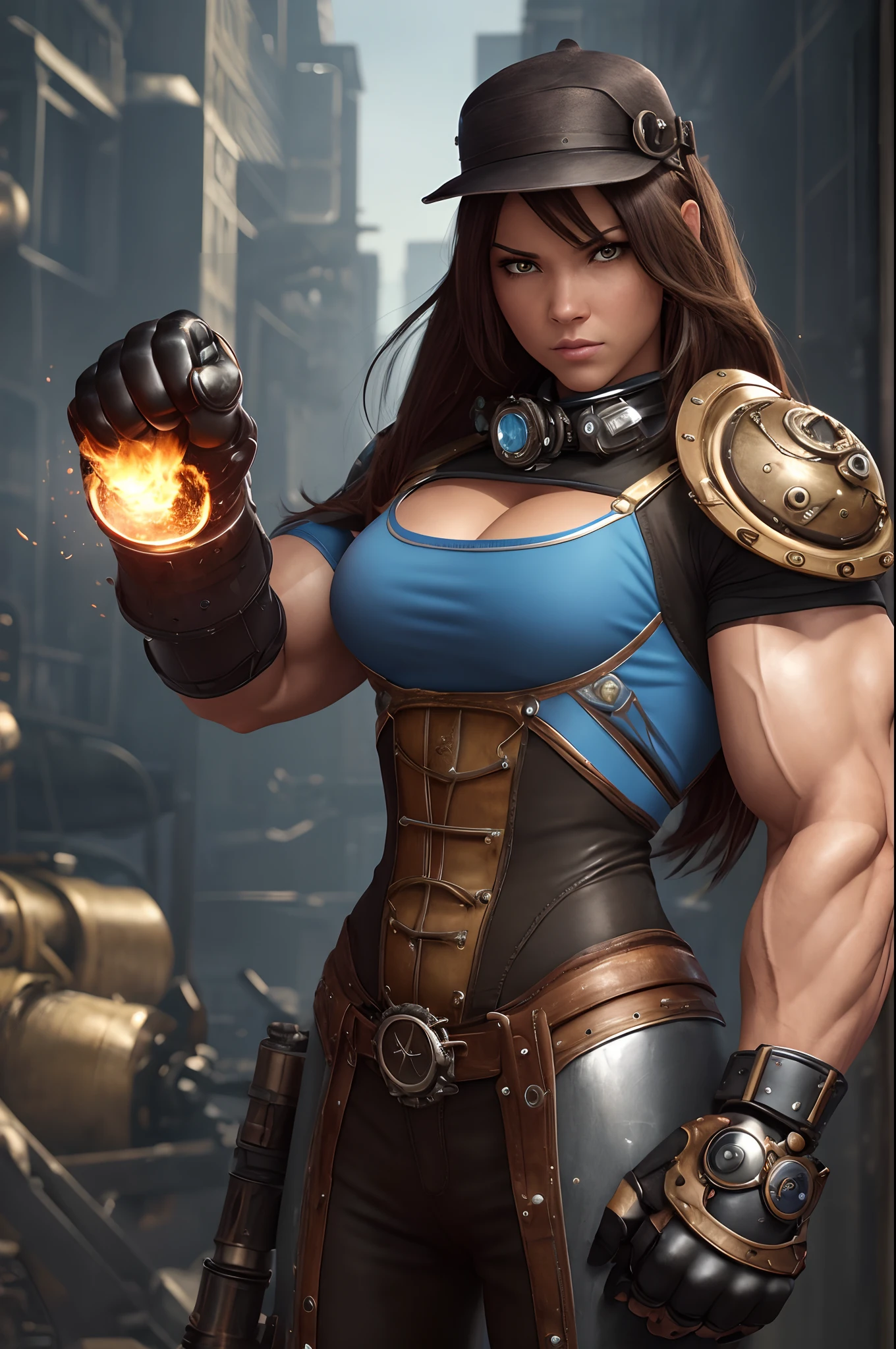 female, robot, burly muscular, dazzling, mechanical fists clenched, chest shining blue. In addition to the anger, the real scenery is mixed in, and the shooting style is like a blockbuster movie. All elemental coordinates are lit, including metallic texture (1.8x strength), excess detail (2x enhancement), ultra-high resolution (1.6x enhancement), and carbon fiber (1.6x strengthened). (steampunk)