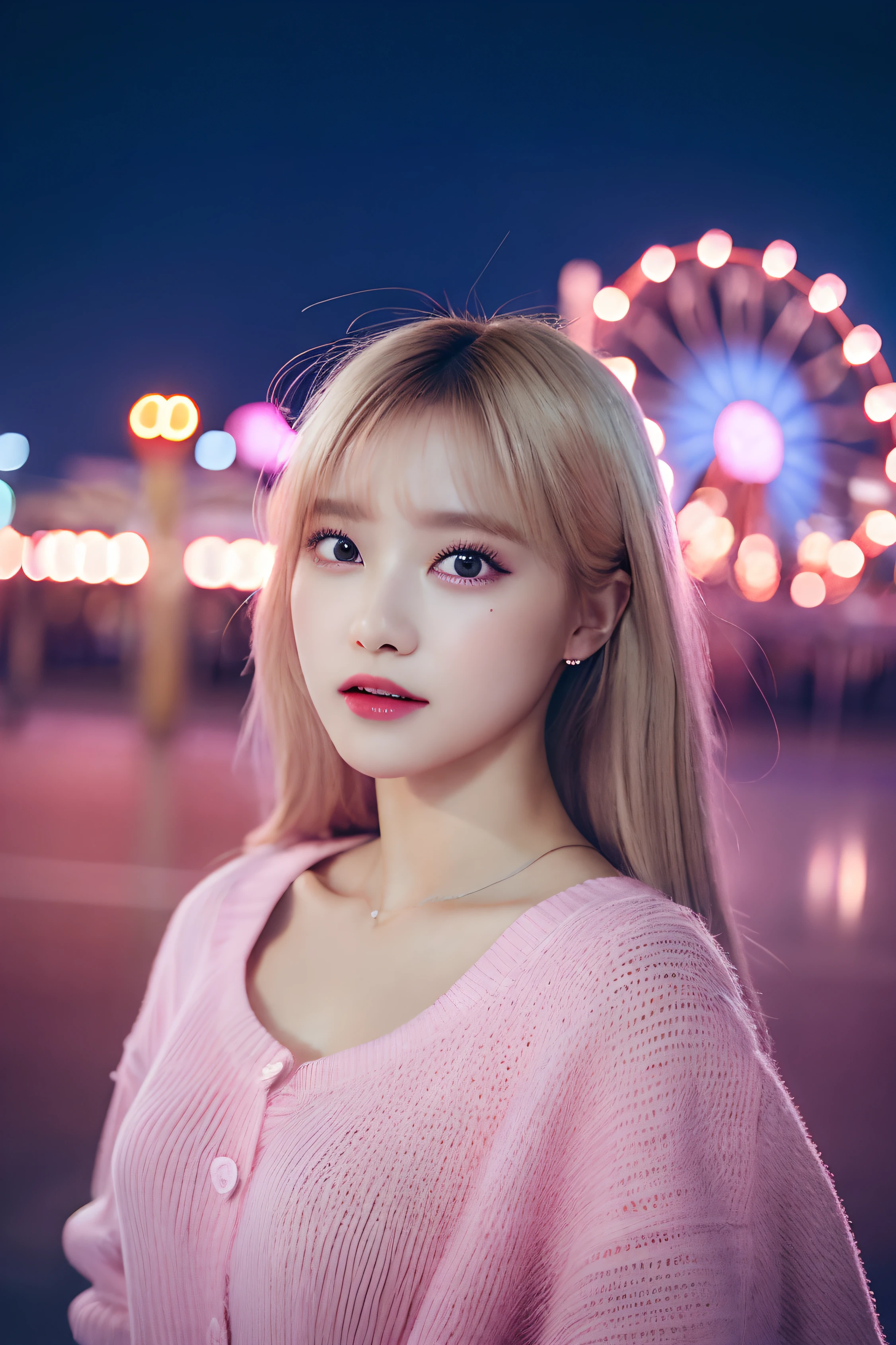 1girl in, Super beautiful girl, Dream Girl, Wearing pink, ulzzangs, Dancing, Concert in amusement park in the background, Lightning in the sky, Ultra Details, A hyper-realistic, Cinematic , Octane Render, 16 K,a blond