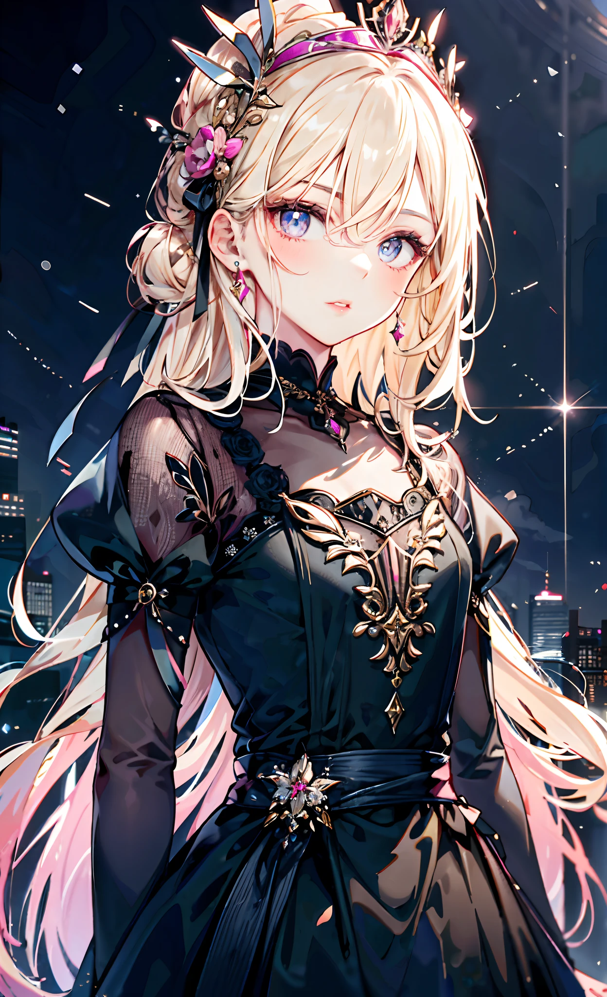meticulous portrayal of face,1 noblewoman,a matural female,Black dress long dress,Pink Long Hair,dark night background,Prom, s the perfect face, perfect hand, Perfect Finger, Perfect lips, perfect eyes, Perfect background