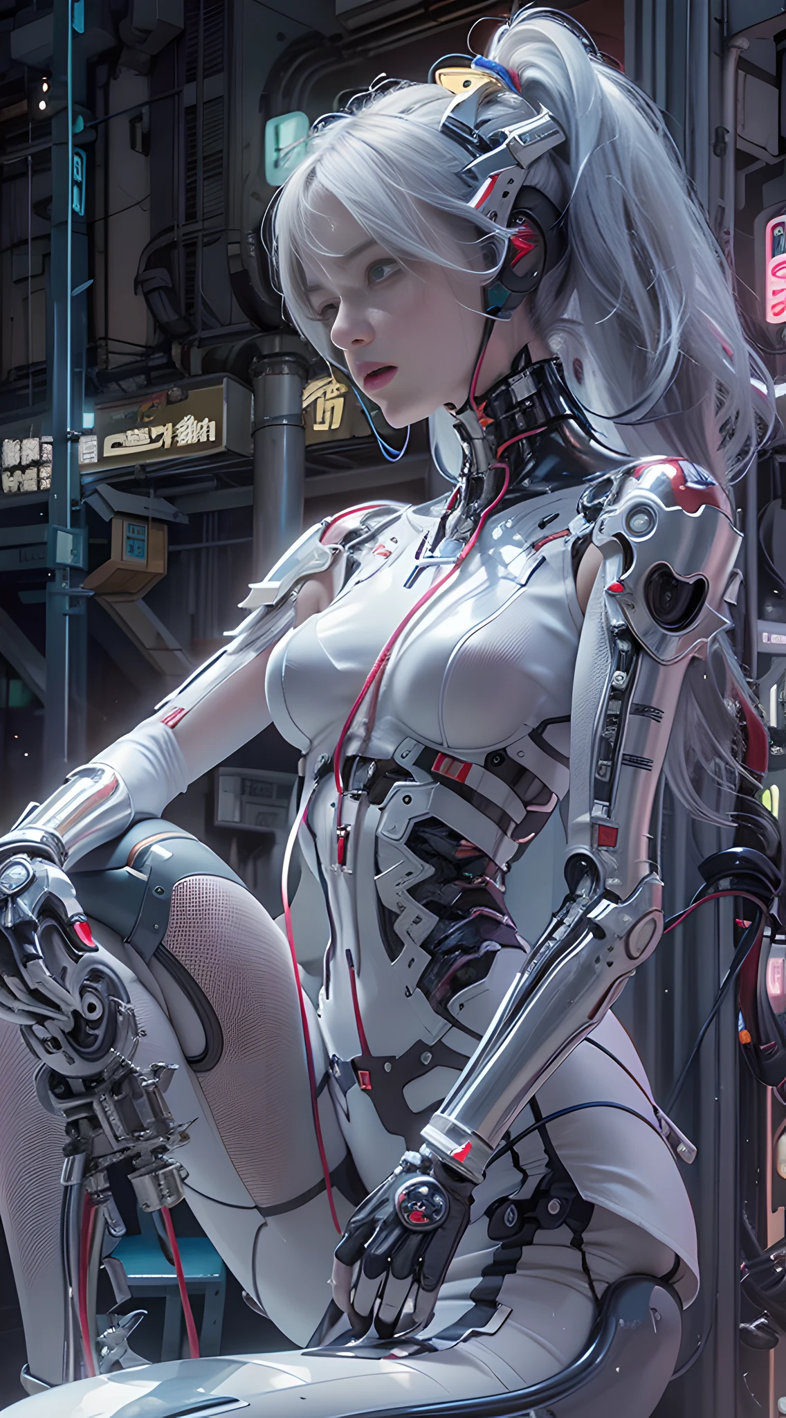 of the highest quality, masutepiece, 超高分辨率, ((Photorealistic: 1.4), RAW photo, 1 Cyberpunk Girl, Glossy glossy skin, 1 mechanical girl, (Super realistic details)), Mechanical limbs, Tubes attached to mechanical parts, Mechanical vertebrae attached to the spine, mechanical cervical attachment to the neck, wires and cables connecting to head, Evangelion, Ghost in the Shell, Luminous small light, globalillumination, Deep shadows, Octane rendering, 8K, ultrasharp, metal, Intricate Ornament Details, Baroque details, highly intricate detail, Realistic light, Trends in CG, Facing the camera, neon light detail, (Android factory in background), art by H.r. Giger and Alphonse Mucha.