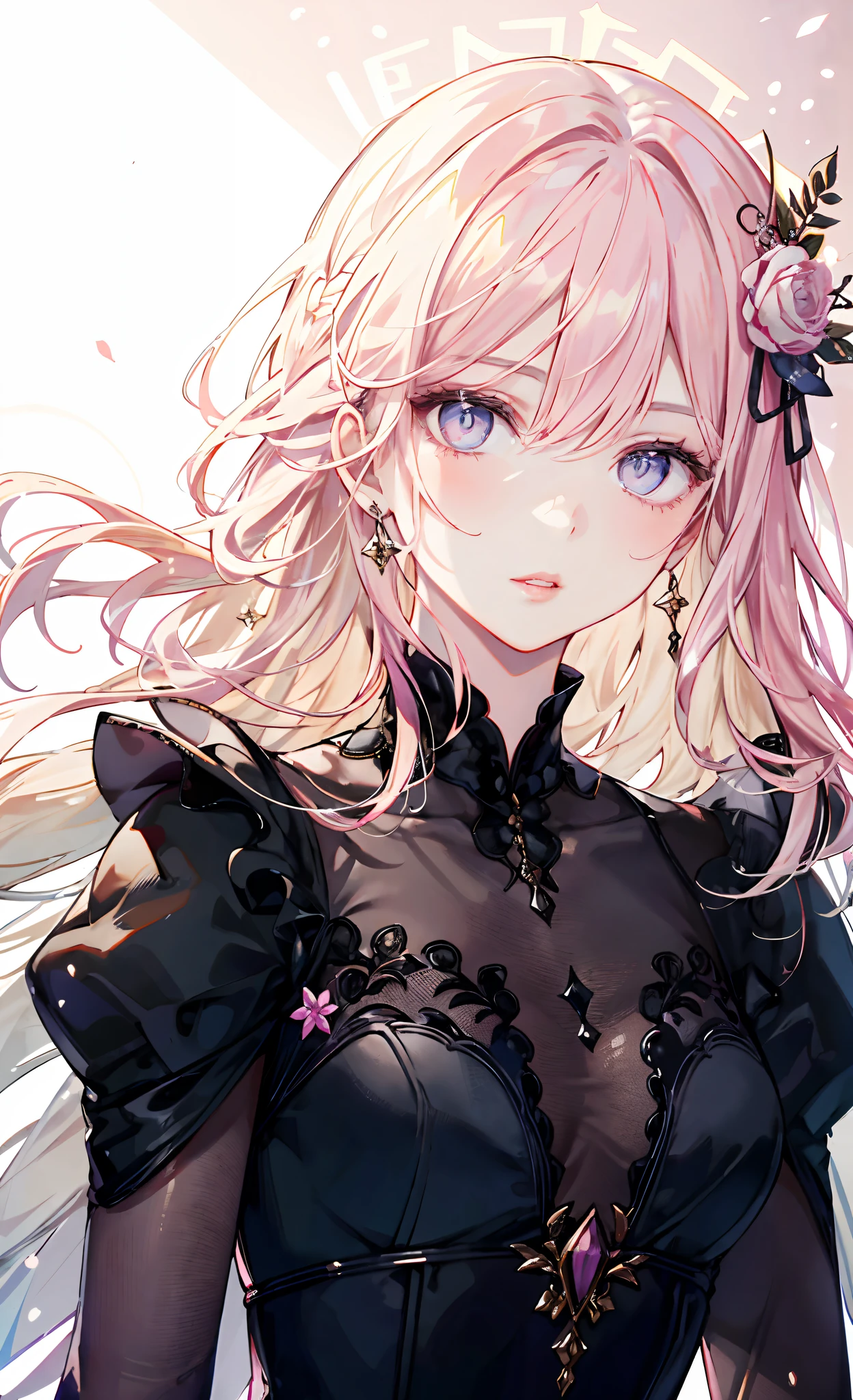meticulous portrayal of face,1 noblewoman,a matural female,Black dress long dress,(Pink White Long Hair),(dark night background+),Prom,Court etiquette, s the perfect face, Perfect lips, perfect eyes, Perfect background