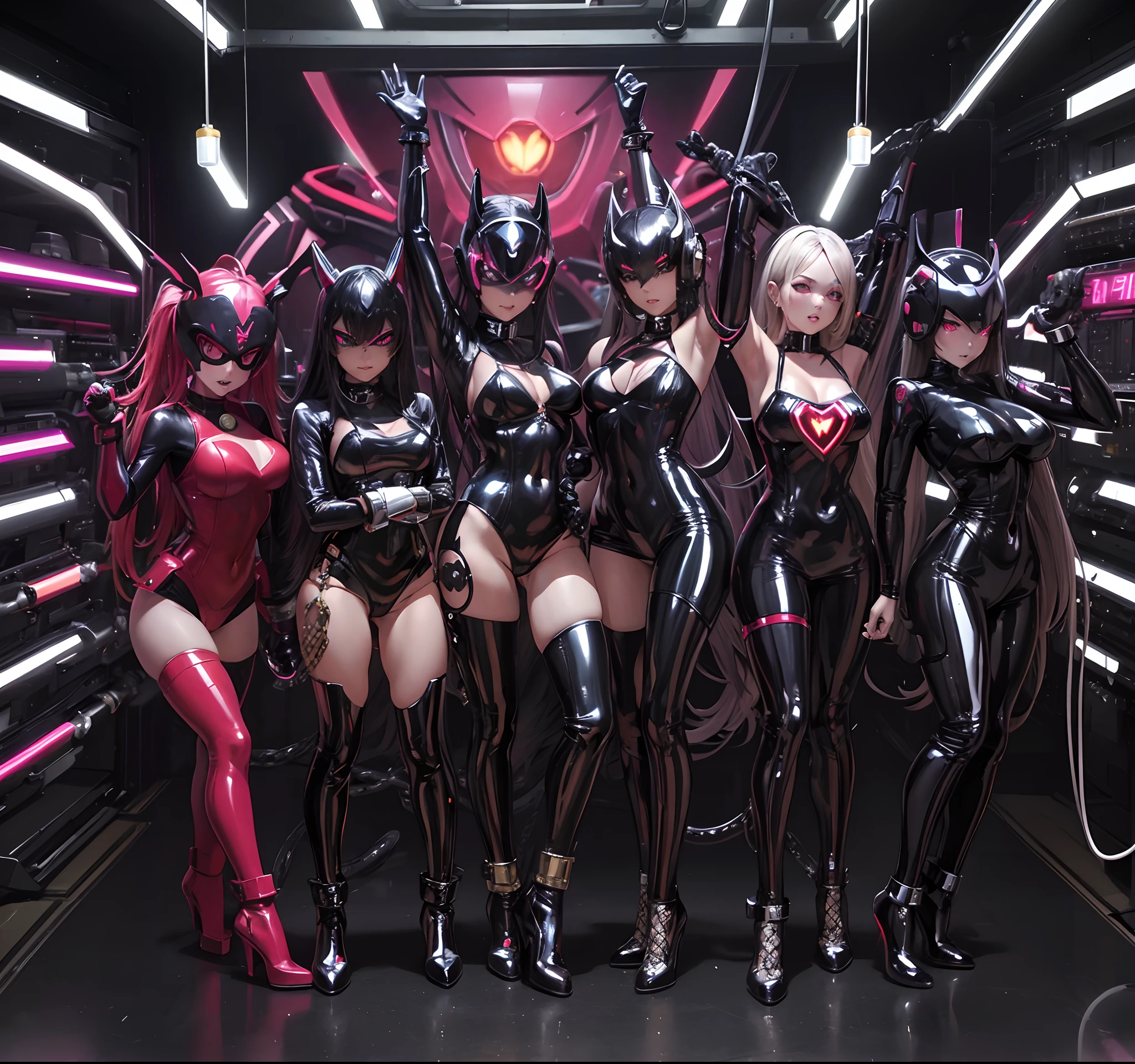 super SENTAI, black latex, high leg, 5girls. evil figure, whole body,sexy pose, empty eyes, chained to machines, forehead, Heart tattoo, glowing tube, helmet, colorful lightning, headphone, chastity belt, ???????, costume with visible navel, glitter on costume
