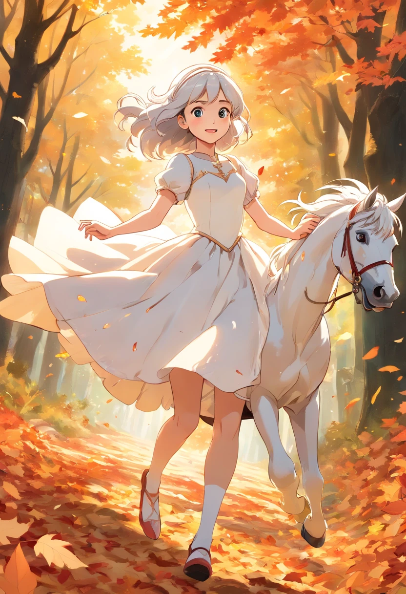 (8K, 16 K, awardwinning, Highest Quality, High resolution, Super Detail, Textured skin, Anatomically correct, Photorealistic, Raw photography, masutepiece: 1.3), (Princess in white dress on white horse :1.3), Hakuba running through the forest of autumn leaves, Dancing autumn leaves, Princess chased by someone, Running away, Dynamic, Dignified face, Expression of the wind, Path of falling leaves, Details of face, finger detailed,Leg details,Glass shoes