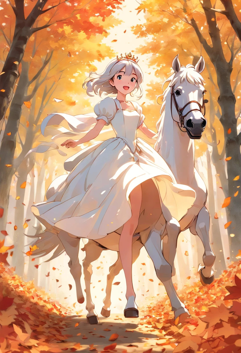 (8K, 16 K, awardwinning, Highest Quality, High resolution, Super Detail, Textured skin, Anatomically correct, Photorealistic, Raw photography, masutepiece: 1.3), (Princess in white dress on white horse :1.3), Hakuba running through the forest of autumn leaves, Dancing autumn leaves, Princess chased by someone, Running away, Dynamic, Dignified face, Expression of the wind, Path of falling leaves, Details of face, finger detailed,Leg details,Glass shoes