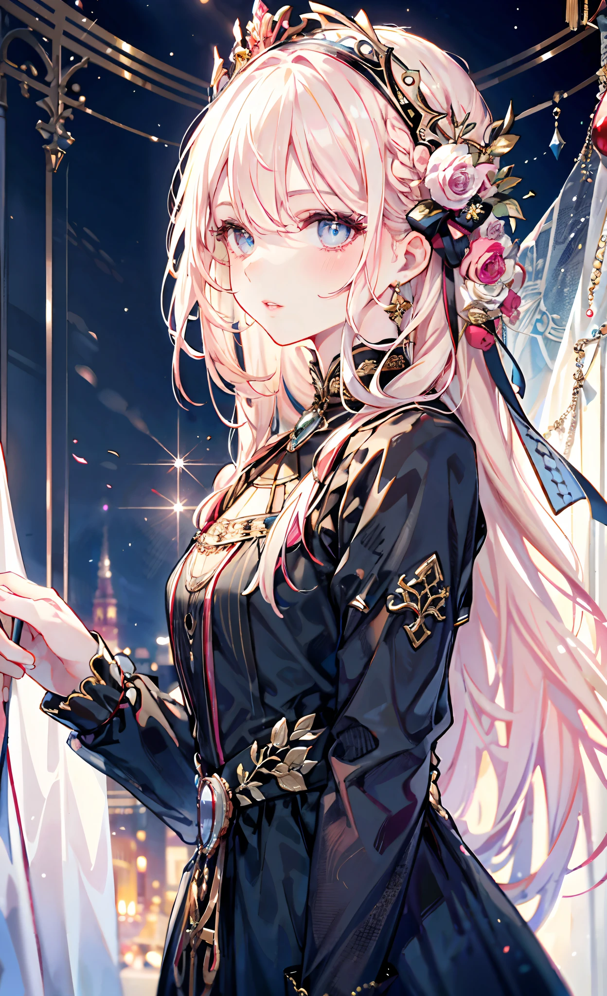 (Complete head：1.9)，meticulous portrayal of face，1 noblewoman，a matural female，Black dress long dress，Pink White Long Hair，Curtain of night，Prom background，  s the perfect face， perfect hand， Perfect Finger， Perfect lips， perfect  eyes， Perfect background