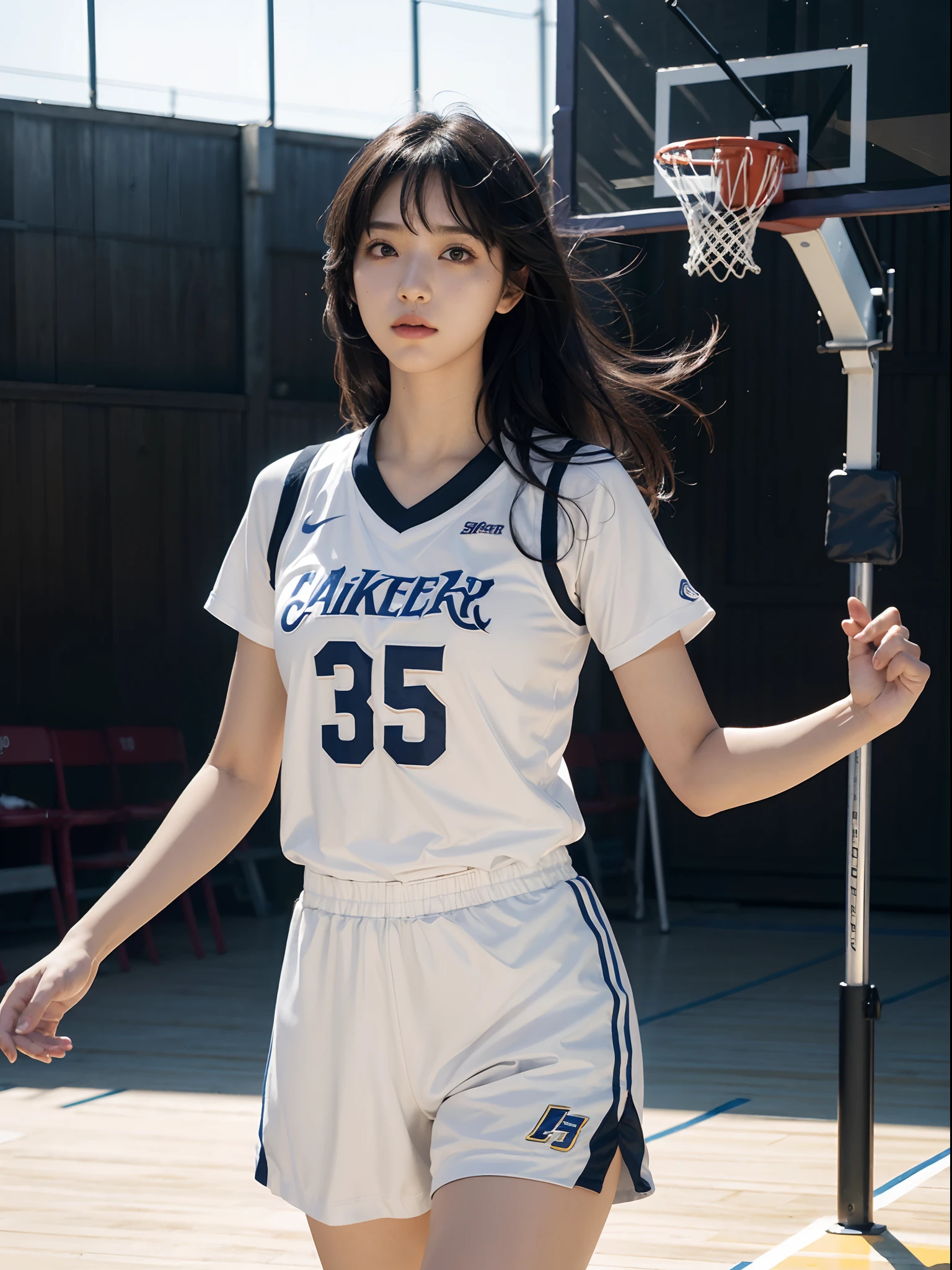 (8k, best quality, masterpiece:1.2), (realistic, photo-realistic:1.37), ultra-detailed,best quality, ultra high res, professional lighting, photon mapping, radiosity, physically-based rendering, cinematic lighting, basketball court,depth of field, sharp focus,sunbeam, good composition,(bokeh:1.2) 1girl,solo,(full body), (closed mouth),beautiful detailed eyes, pose, narrow waist,basketball uniform, black hair,messy hair,long hair floating in wind,(ulzzang-6500:1.2),  mix4, hiqcgbody